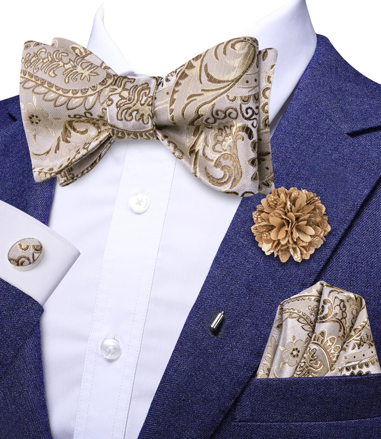 Hi-Tie Mens Selftied Bowties Lapel Pin Set Silk Solid Formal Bow Ties Pocket Square Cufflinks Sets for Wedding Tuxedo
