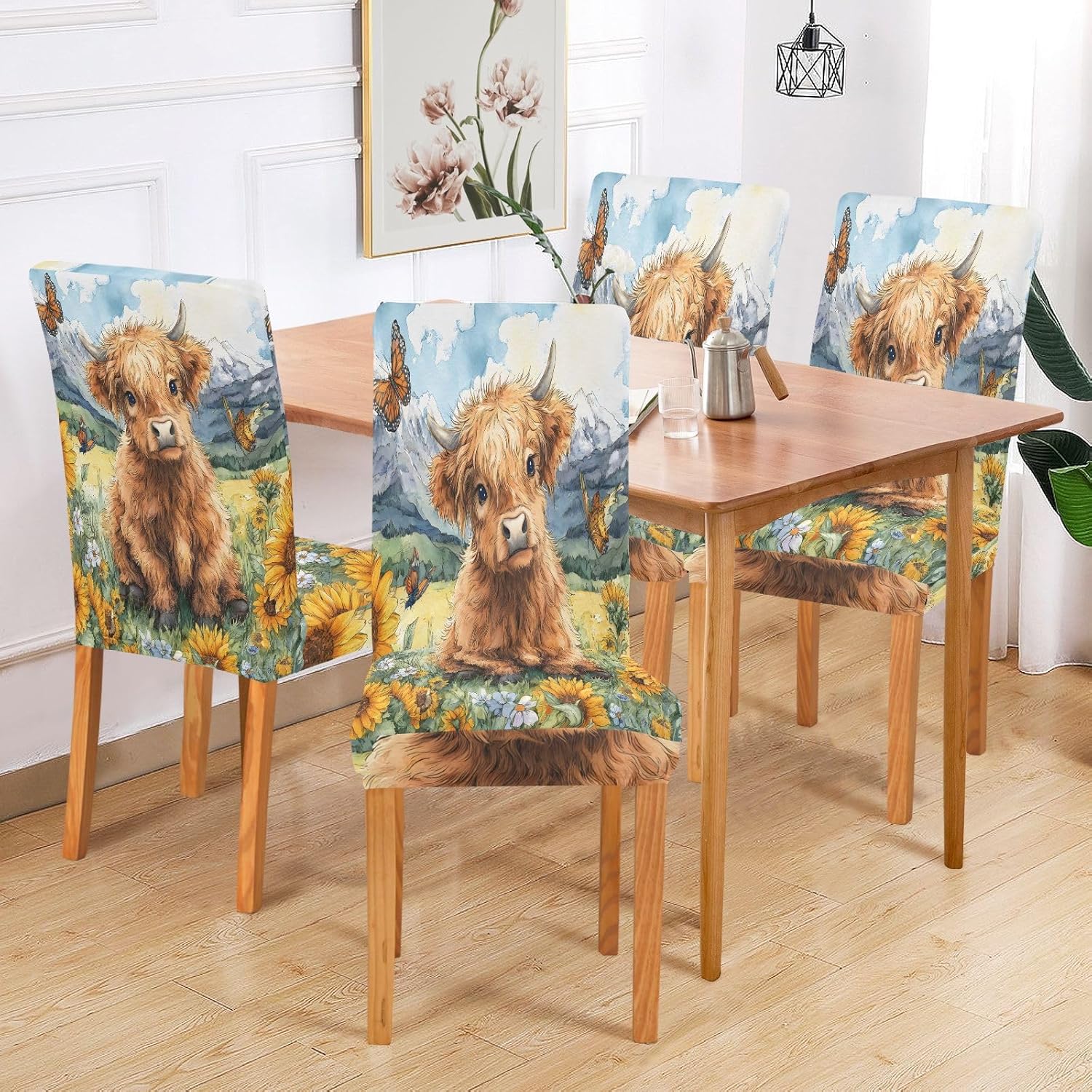 ALAZA Chair Covers for Dining Room, Sunflower Baby Highland Cow Stretch Chair Cover Sets Chair Protector Removable Washable for Ktichen Restaurant Hotel