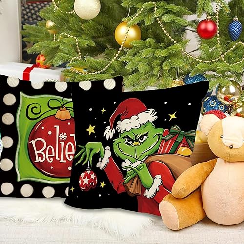 Miniatura 6 de Fahrendom Juego de 4 fundas de almohada decorativas de Feliz Navidad de 18 x 18 pulgadas, adorno de árbol de pino de Navidad, funda de almohada de