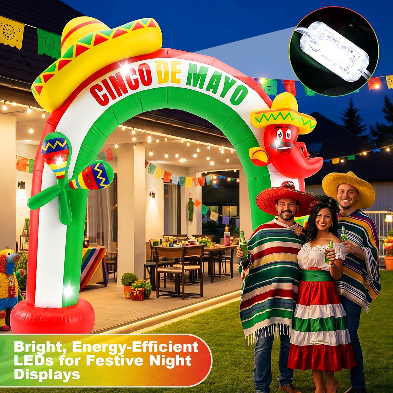 Hollowfly 8 ft LED Lighted Cinco De Mayo Inflatable Arch, Mexican Fiesta Inflatable Party Decorations Outdoor with Taco Sombrero, Maracas, Cactus, Chili Pepper for 5th of May Blow up Yard Decor