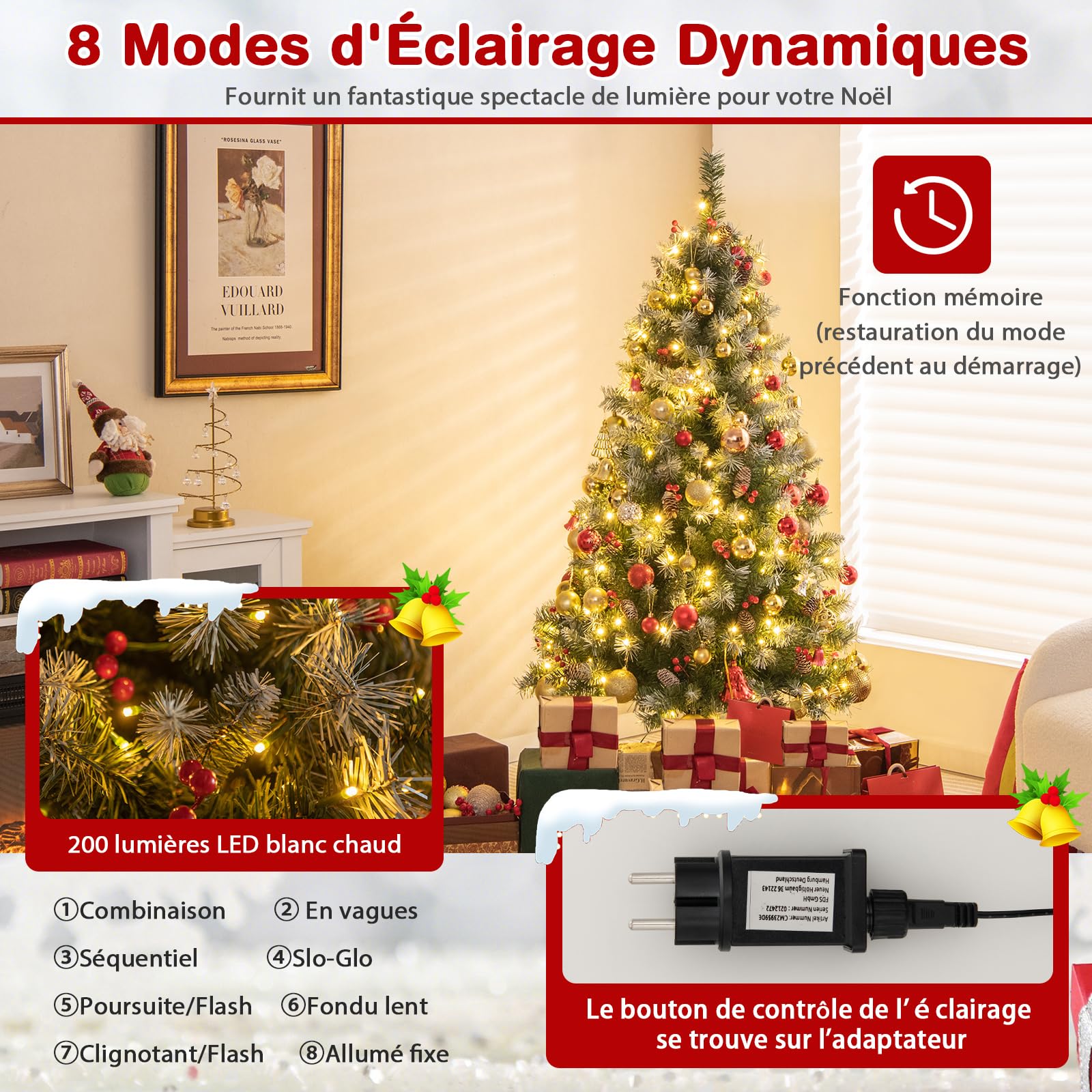 COSTWAY Sapin de Noël 150 cm, 450 Branches Articulées avec 200 LED Blanc Chaud, 8 Éclairage, Baies Rouges & Pommes de Pin, Arbre de Noël pour Fêtes, Bureau, Maison(150 cm)