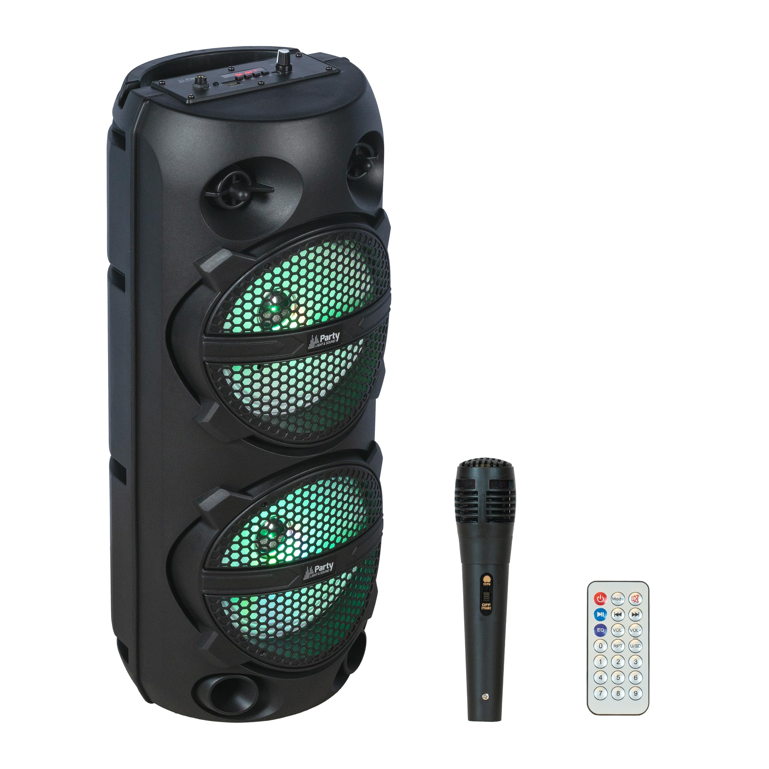 Party Light & SoundPLUTON - Speaker, baffle 2 x 8"/20cm 300W on rechargeable battery - Lighting effect - 1 wired mic and 1 remote control - Bluetooth, USB, Micro SD and TWS - Black