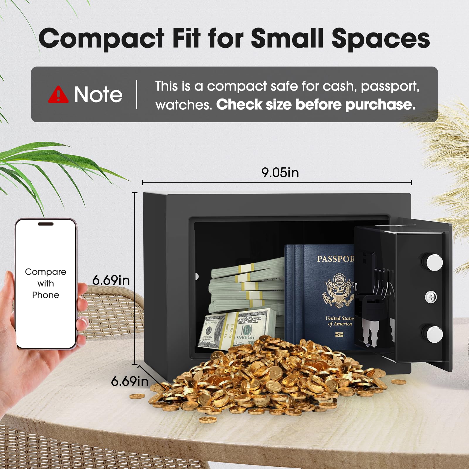 Goldenkey Caja fuerte para niños pequeños con bolsa ignífuga, mini cajas fuertes digitales con llaves y código para dinero, caja de seguridad para artículos personales para el hogar, 6.69 pulgadas de