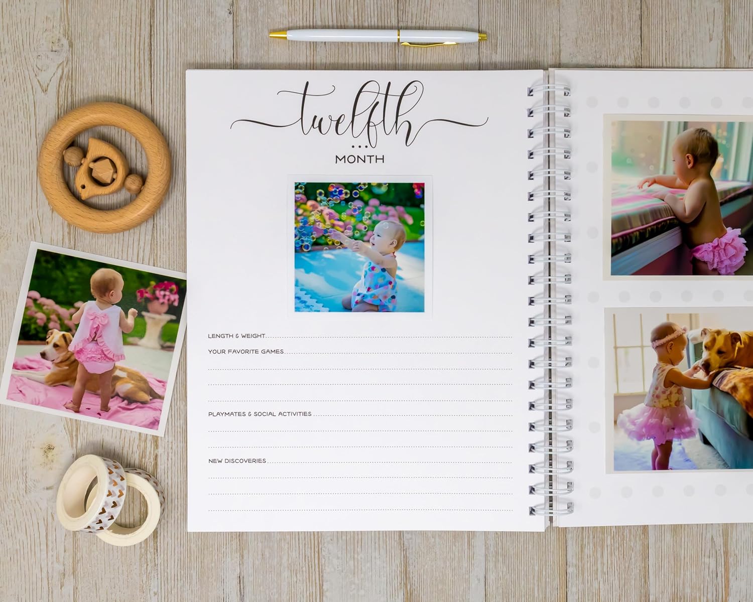 Personalized Baby Memory Book - Hardcover First Year Album Customized with Baby’s Name - Prompted Baby Journal (Pink Floral Bunnies)