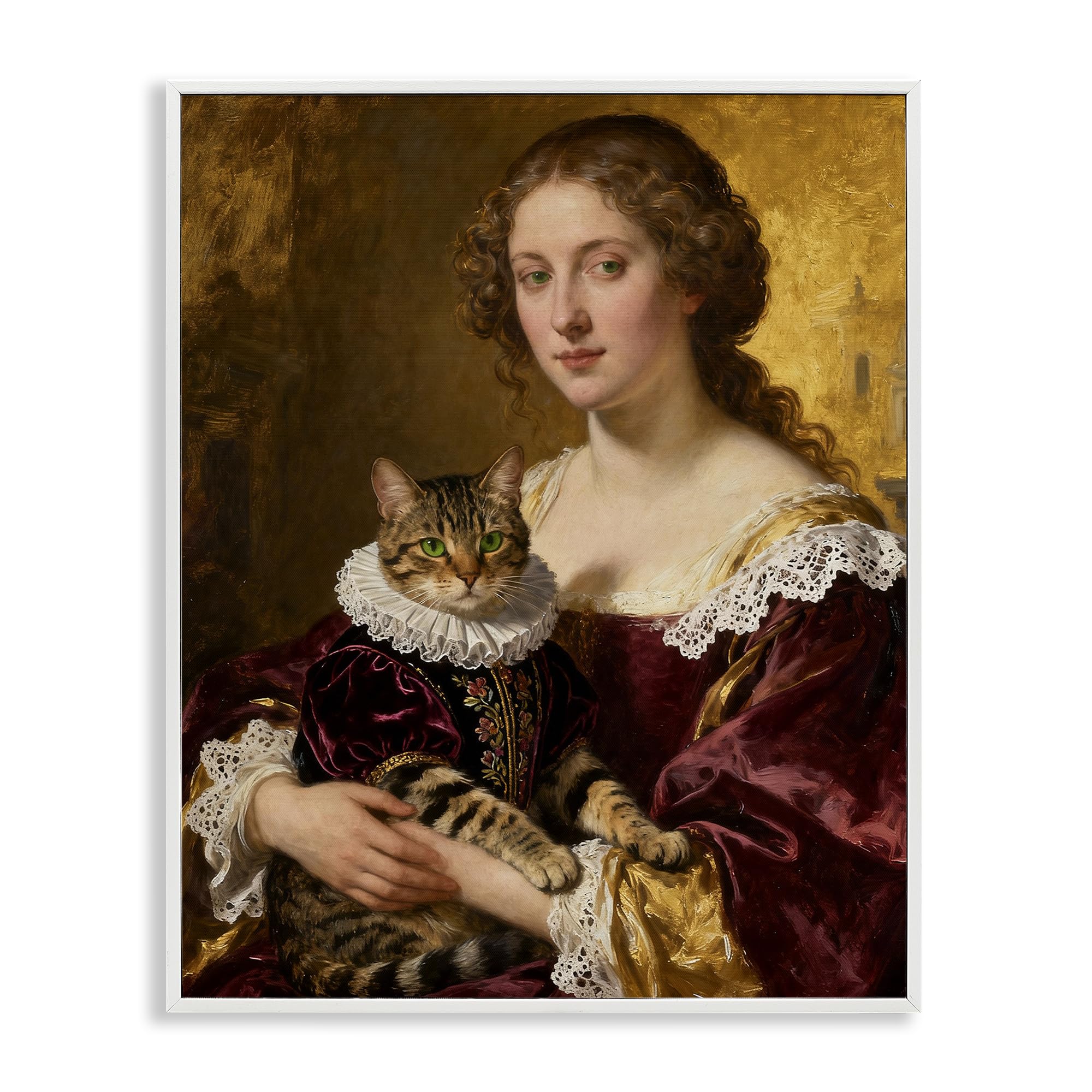Stupell Industries Coastal White (Textured) 'Renaissance Lady With Regal Cat'| Framed Giclee Art