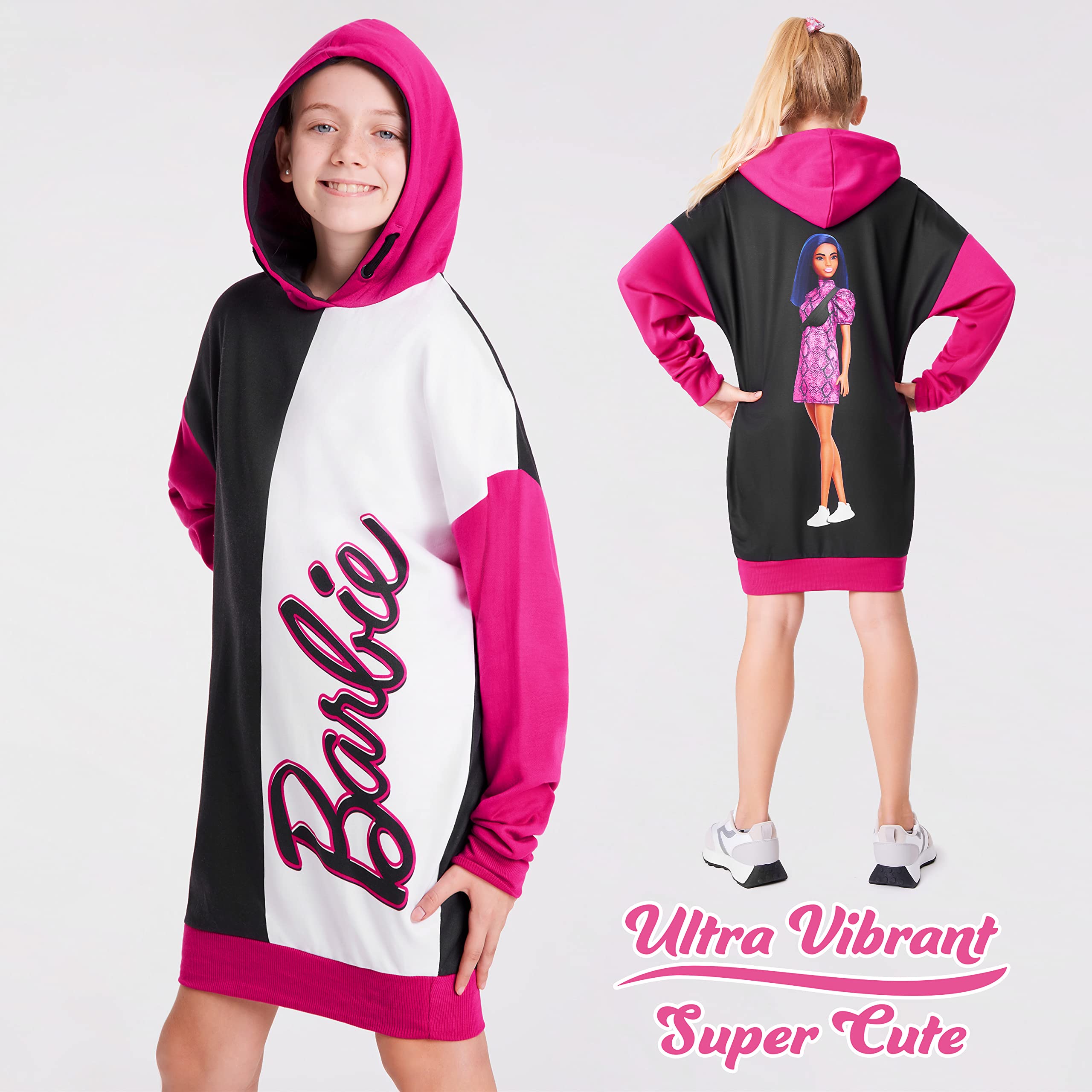 Barbie Bluza sukienka dla dziewcząt, nastolatków, oversize, przytulna sukienka z kapturem, sweter, wielobarwny, 4-5 lat