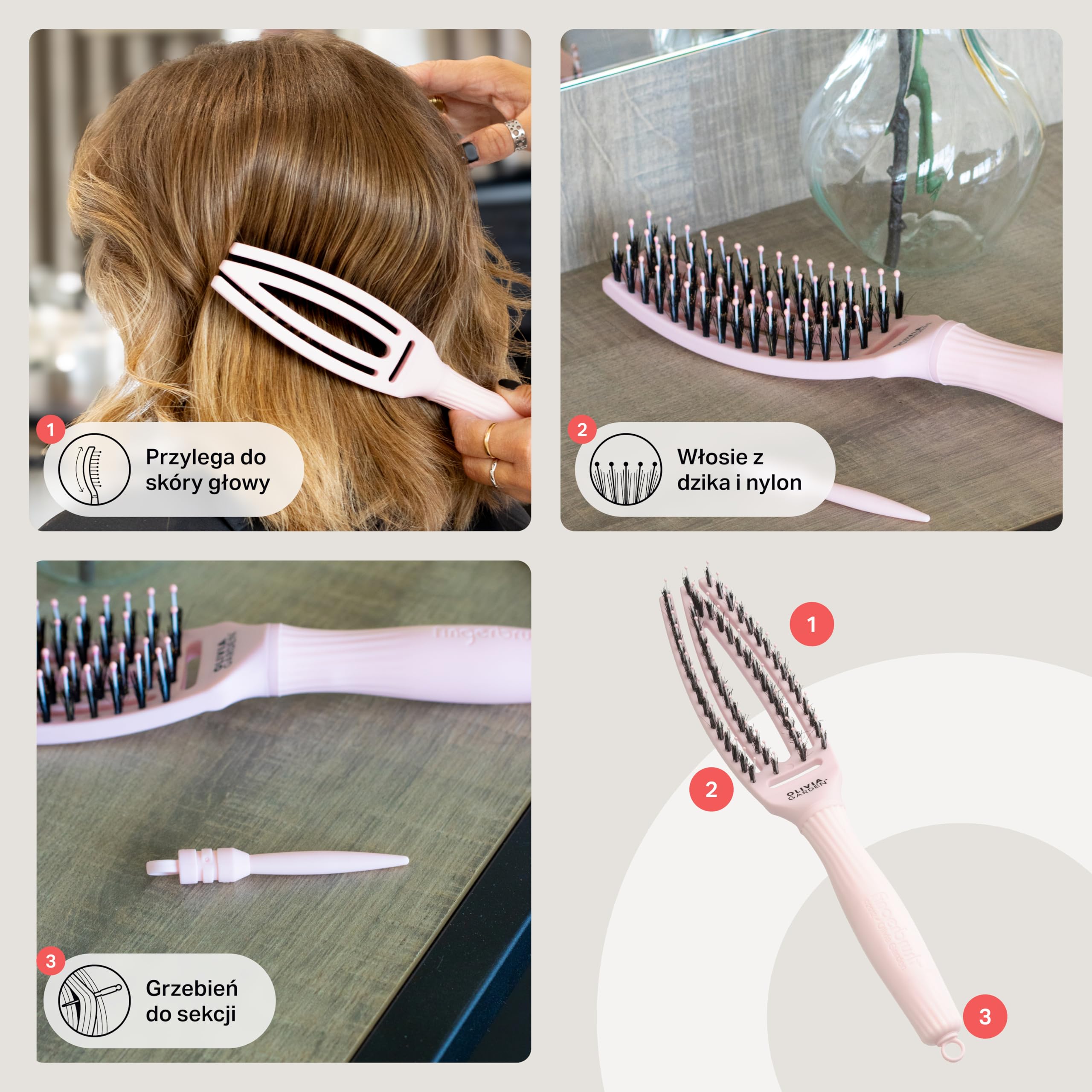Olivia Garden – Fingerbrush Iconic Care z włosia dzika i nylonu, pastelowy różowy, mały rozmiar