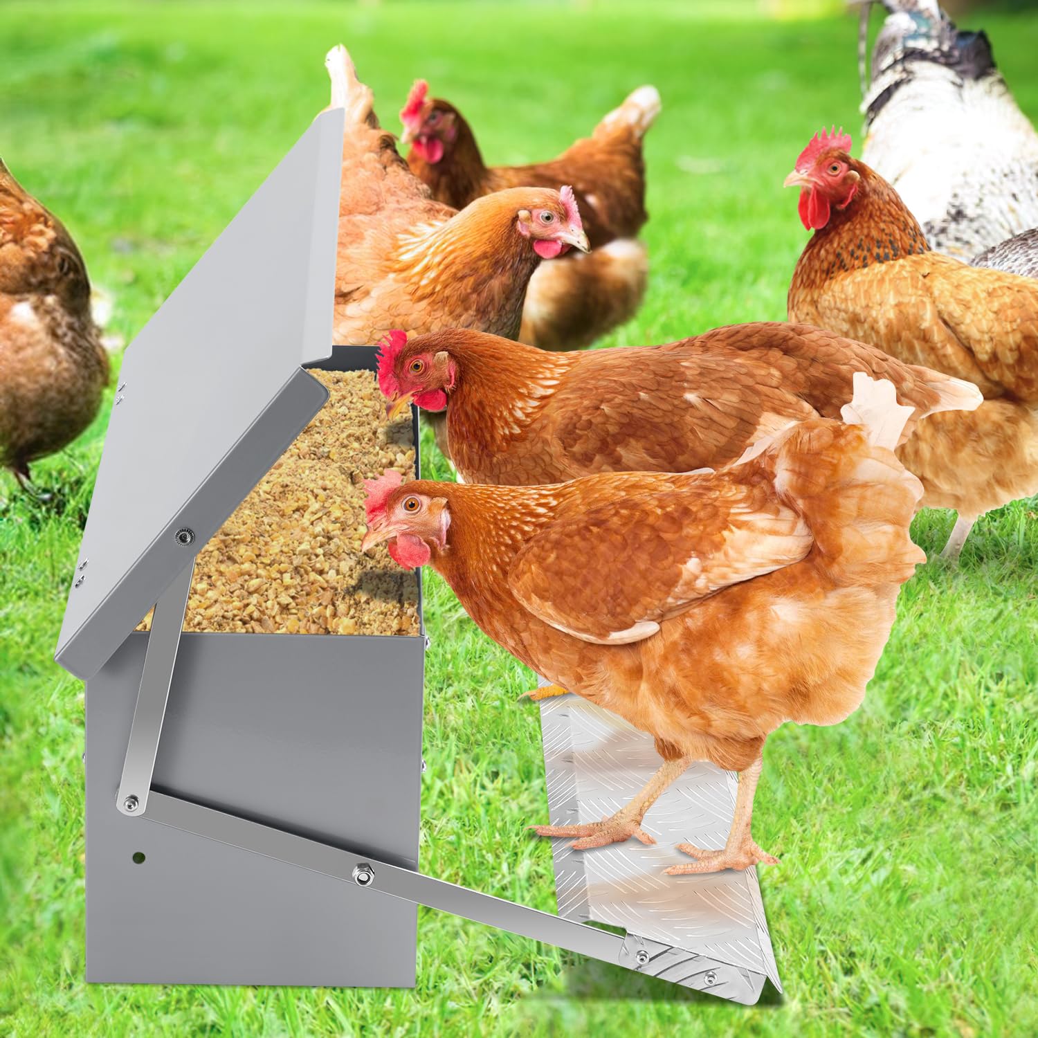 2x Ollewiellan Mangiatoia automatica per polli, 5 kg, distributore di cibo con pedale automatico, mangime per pollame, impermeabile e a prova di ratti
