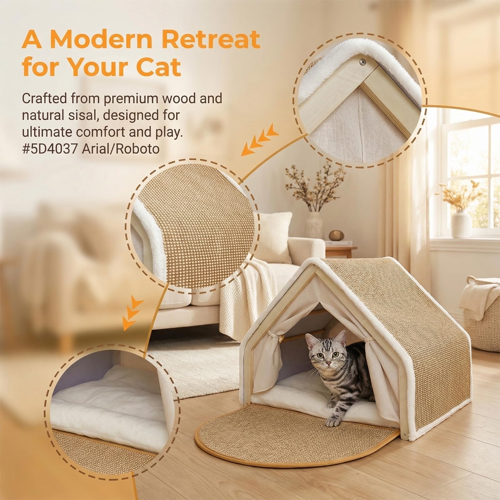 Cuccia Gatto Interno Chiuso, Casetta per Gatti in Legno con Sisal, Tenda Morbida per Gatti Timidi, 2 in 1 con Cuscino, 50x40x40cm