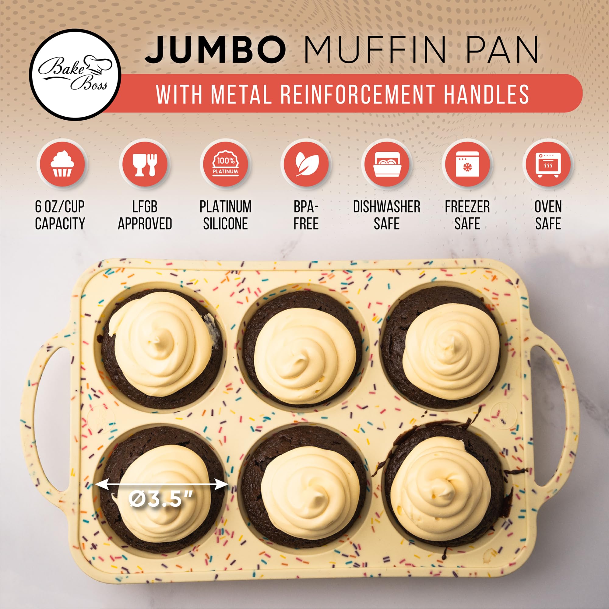 BAKE BOSS Konfetti Silikon Jumbo Muffinform 6 Cups, Antihaft-Cupcake-Formen zum Backen, robuste große Silikon-Muffinformen zum Backen, BPA-frei, leicht zu lösen, ofen- und spülmaschinenfest