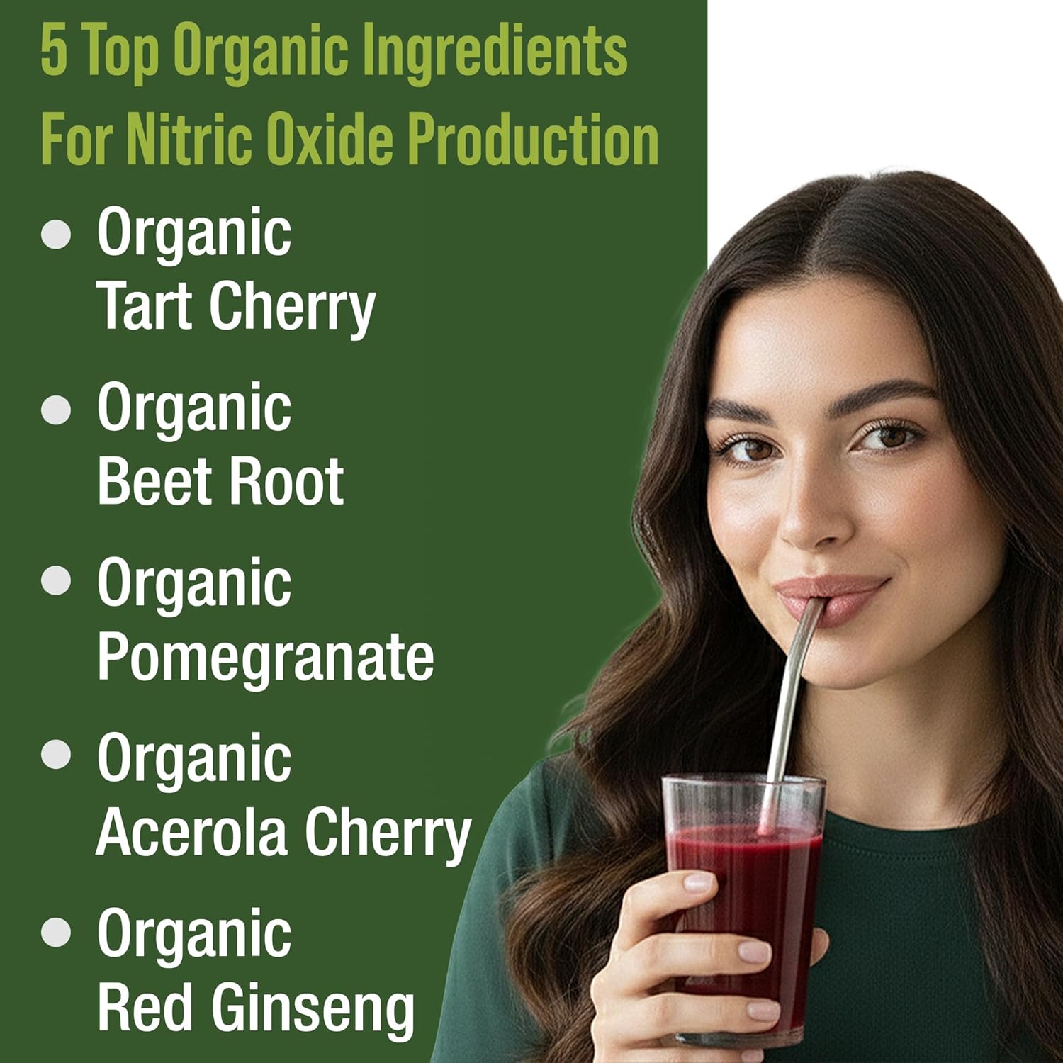 USDA Organic Plant Based Nitric Oxide Booster Powder Supplement for Men & Women - Caffeine Free Supplements 5 Top Ingredients - Beet Root, Tart Cherry, Acerola Cherry, Pomegranate, Red Ginseng