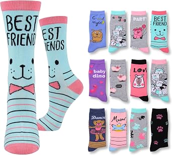 Tipi Toe Womens Fun Patterned Dress Socks, 12-Pack Lightweight Colorful Crew Socks, Casual Novelty Assorted Designs