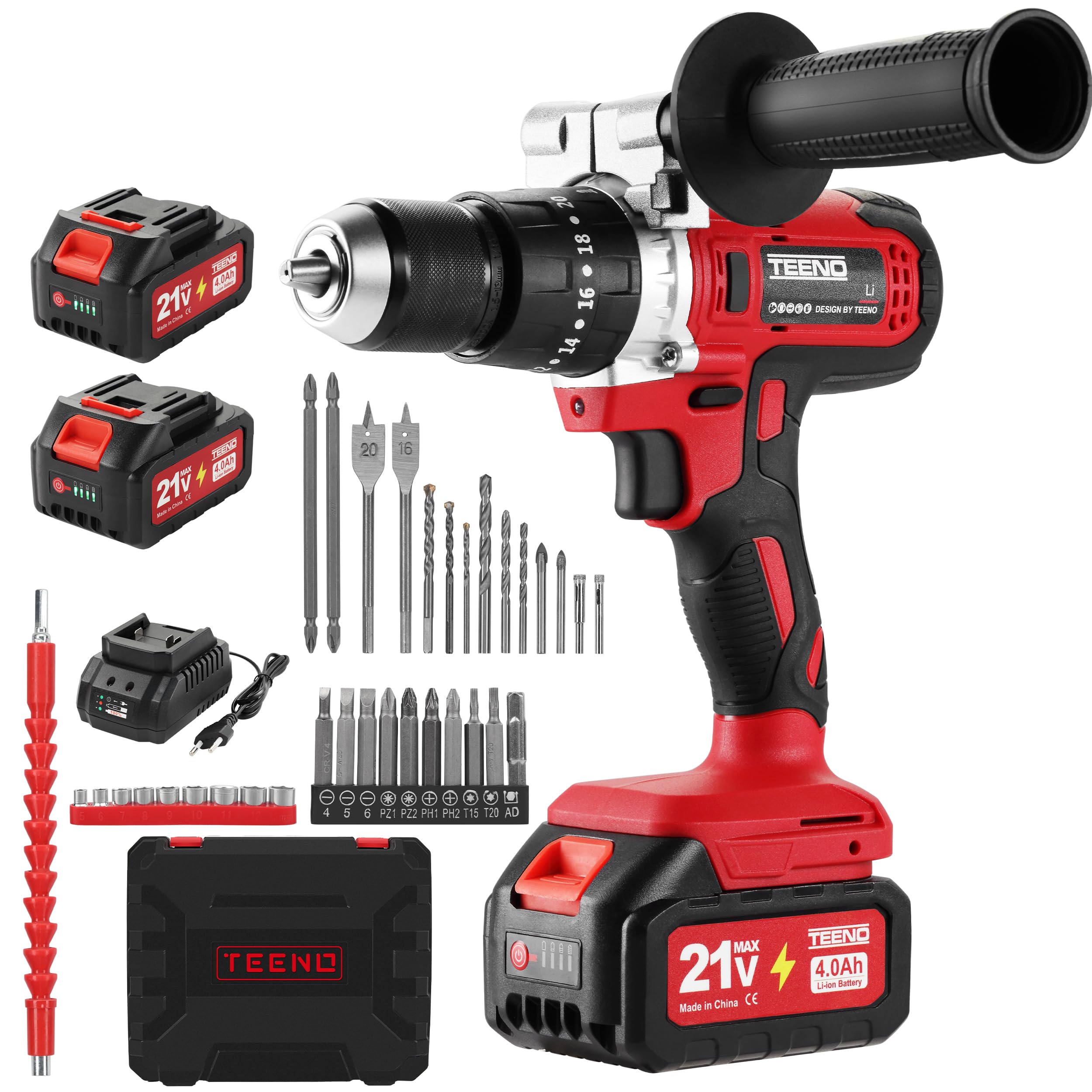 TEENO Taladro Atornillador Inalámbrico para Batería Makita de 21V 2 * 4,0 Ah Baterías, 90 Nm,20+3 Configuraciones de Par, 2 Velocidades, LED, 39 Accesorios y Maletín
