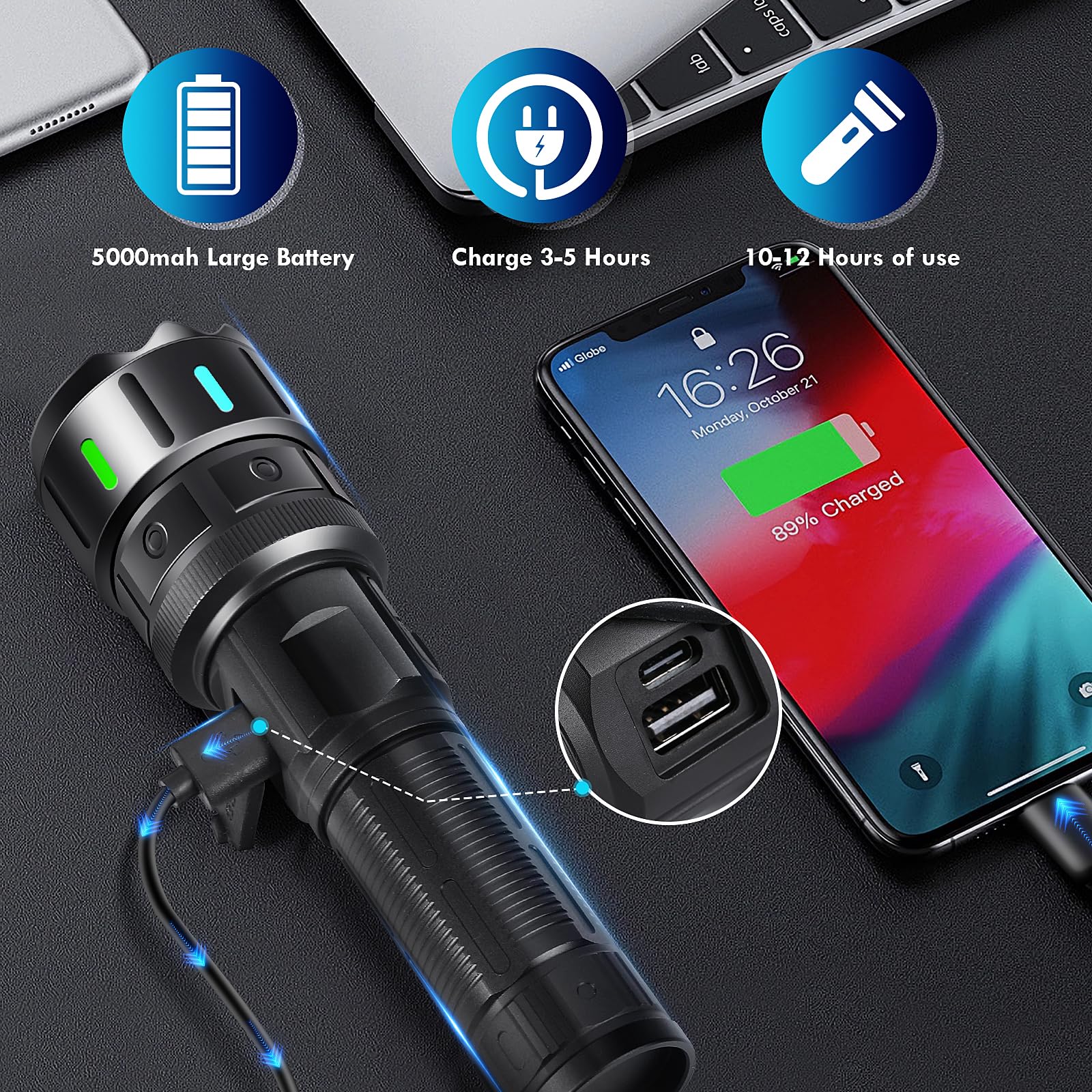 Torcia LED Ricaricabile 500000 Lumen | Zoomabile | Impermeabile IPX7 | Batteria 5000 MAh | 5 Modalità - Foto 7