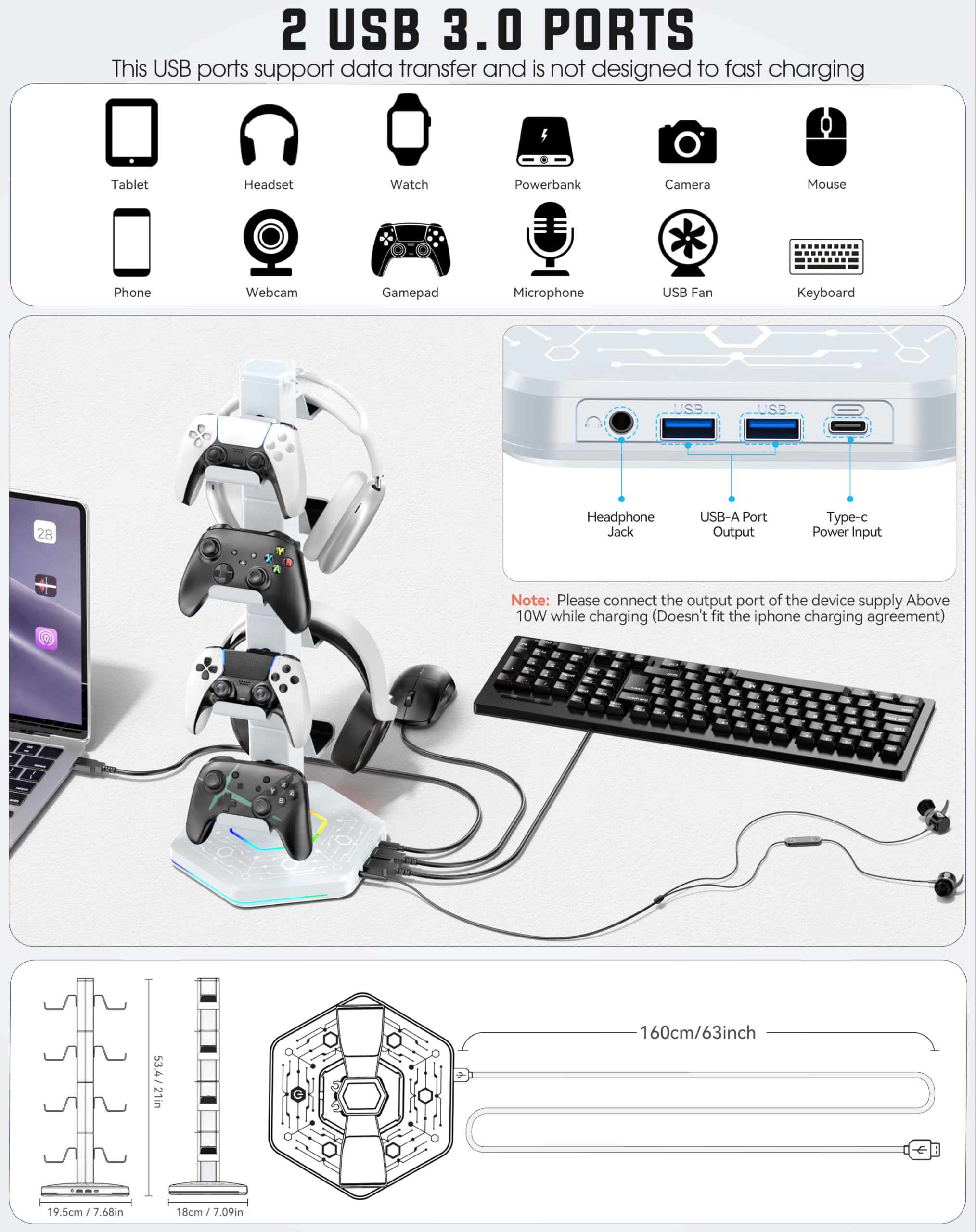 4 Tier Supporto per Controller RGB con 9 Modalità di Illuminazione, Supporto Cuffie Gaming con 2 Porte USB 3.0 e Organizer per Cavi, Stand per Cuffie, Bianco