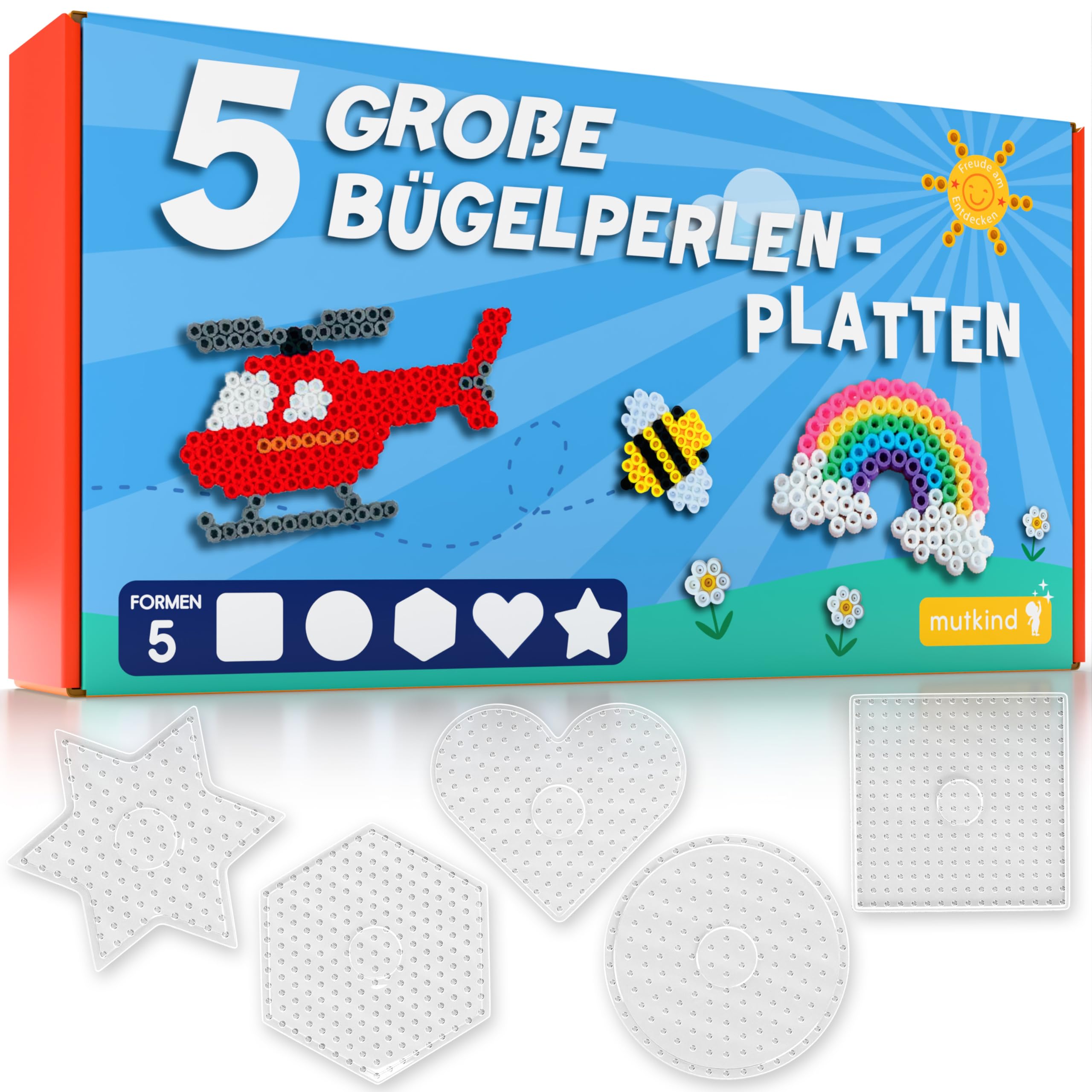MUTKIND® 5x Bügelperlen Platten Groß 10mm [5 Tolle Formen] - Steckplatten Set mit Herz, Stern, Rund, Viereck, Sechseck Form - Geschenk für Kinder ab 3 Jahren - Inkl. 50 kreativen Vorlagen zum Download
