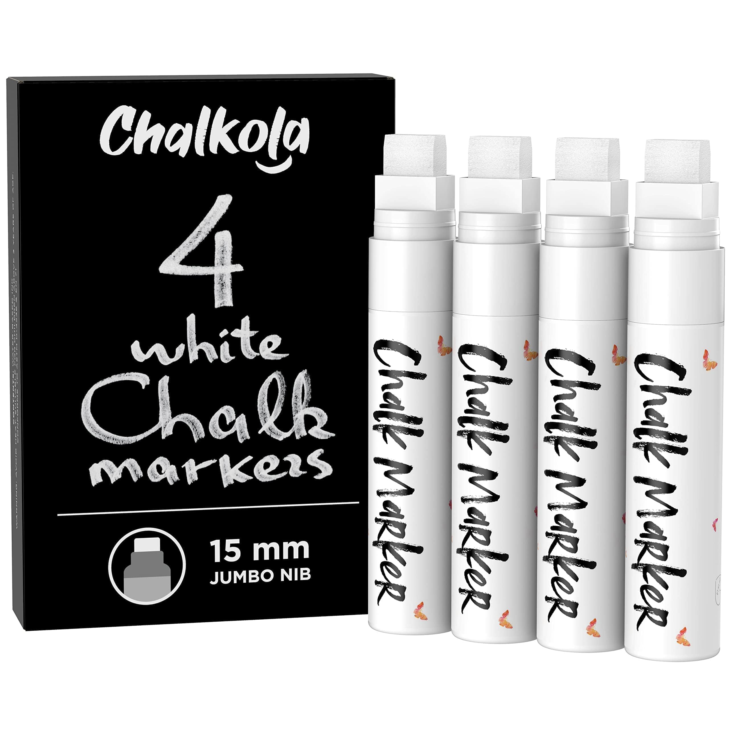 White Jumbo Chalk Pens - 15Mm Window Markers | Pack Of 4 White Pens - Use On Cars, Chalkboard, Whiteboard, Blackboard, Glass, Bistro | Loved By Teachers, Artists, Businesses-image