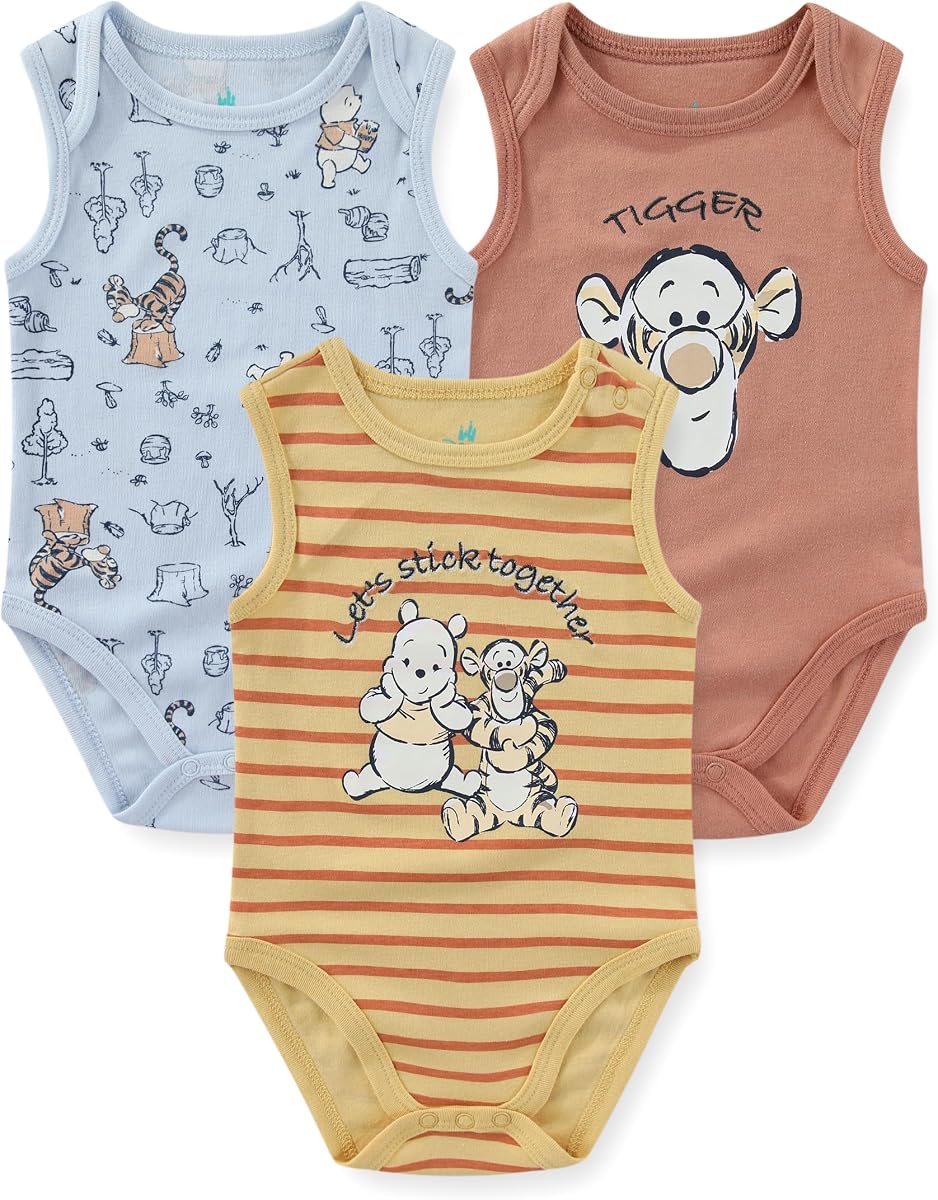 Disney Winnie the Pooh Tigger Baby Boys 3 Pack Sleeveless Bodysuit for Newborn and Infant