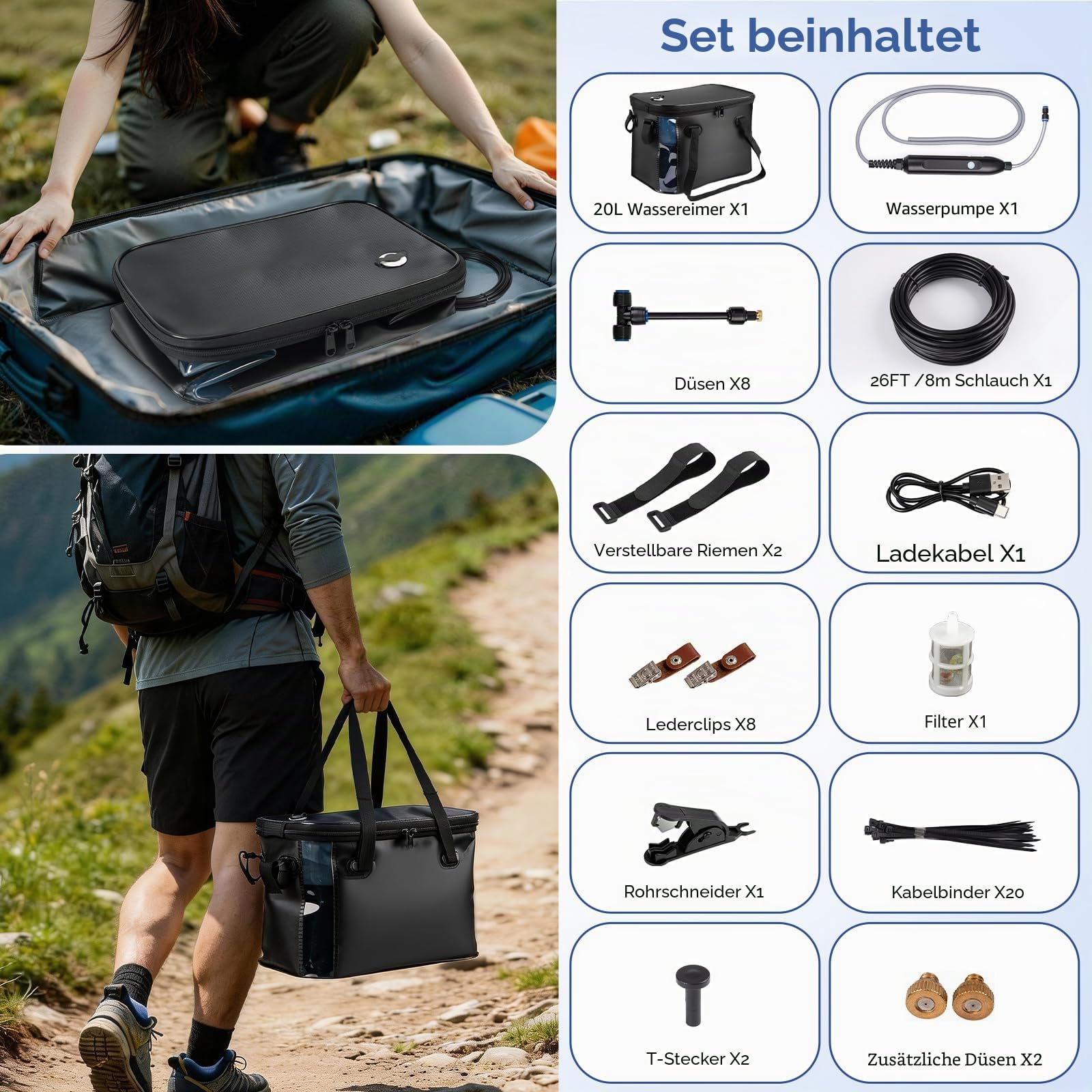 26 FT Tragbare Misters für Außenterrasse - Outdoor-Misters für Sommerkühlung, tragbares Besprühungssystem mit 4500mAh Wasserpumpe, 20L Eimer, 8 Düsen, Wassernebler für Terrasse/Schirm/Camping