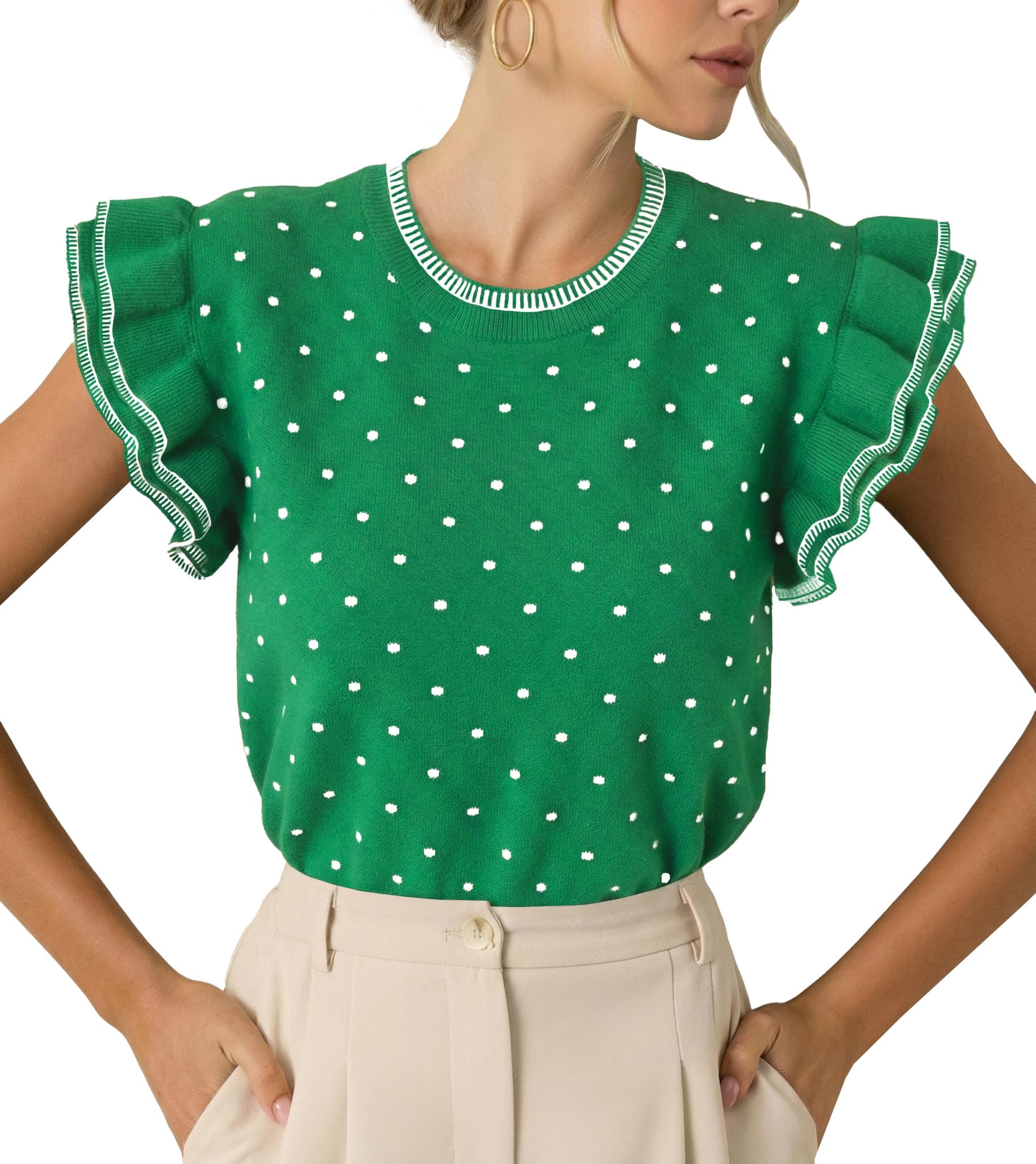 Womens Ruffle Short Sleeve Sweaters Polka Dots Casual Crew Neck Flutter Sleeve Knit Summer Tops-image-44