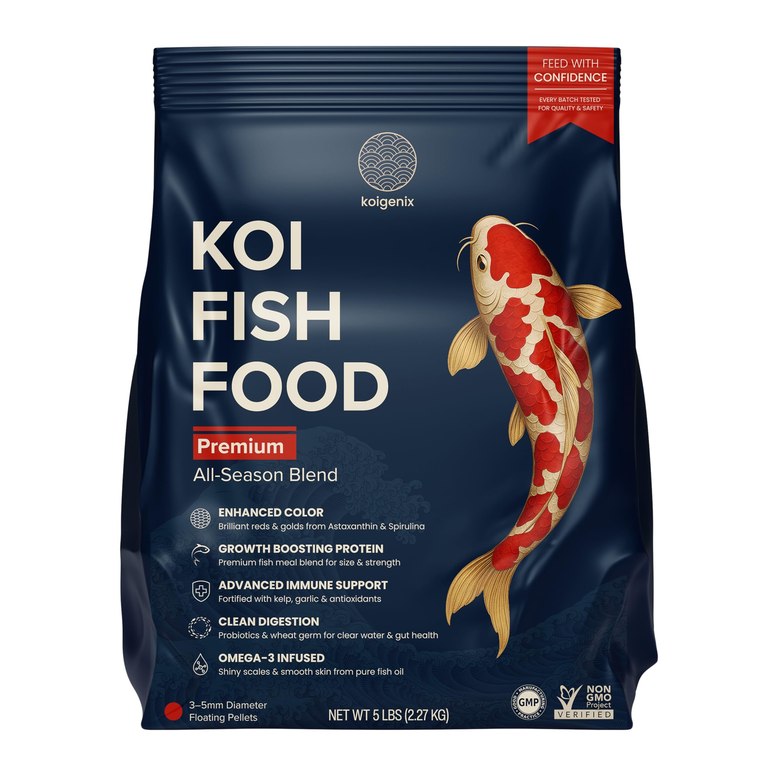 KOIGENIX Koi Fish Food (5lb) – Growth & Color Formula, High Protein Floating Pellets with Spirulina, Krill & Probiotics, Easy to Digest, Cleaner Water, All Season – for Koi, Goldfish & Pond Fish