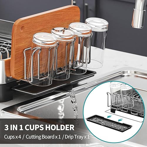 Miniatura 6 de Urackify Escurridor de platos para encimera de cocina, escurridor de platos de acero inoxidable 304, escurridor multifuncional con copas de vino,