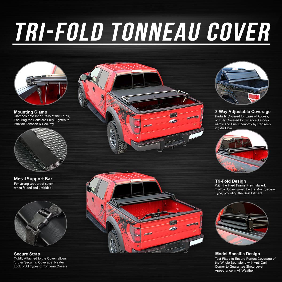 DNA Motoring HCCT-22-006 Tri-Fold Tonneau Cover [For 02-16 Dodge Ram 6.5'Bed],Black