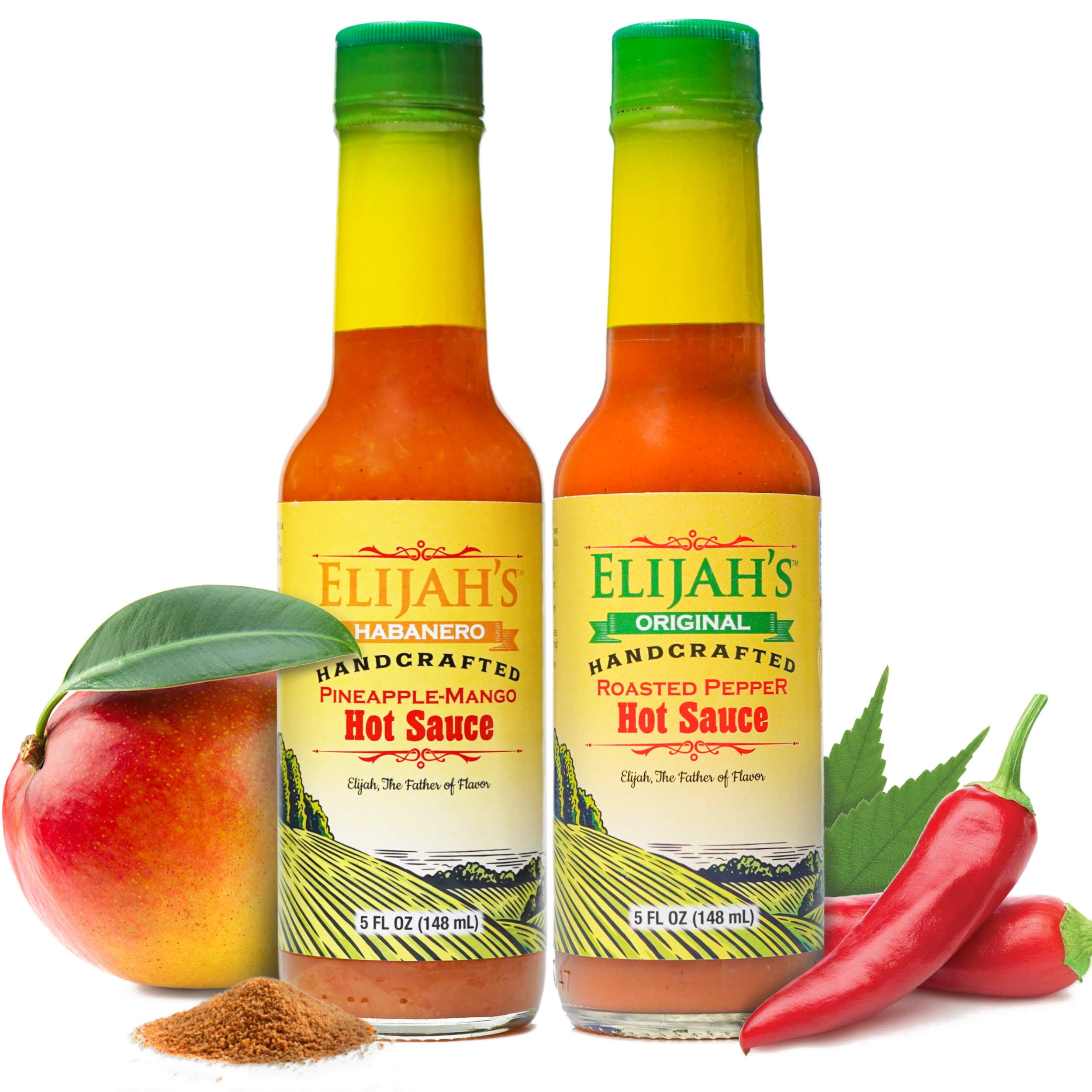 Elijah's Xtreme Mild Duo: Pineapple-Mango Habanero Hot Sauce & Roasted Jalapeño Hot Sauce Set - Made with Fresh Fruit for Vibrant Flavor and Heat (2-5oz bottles)