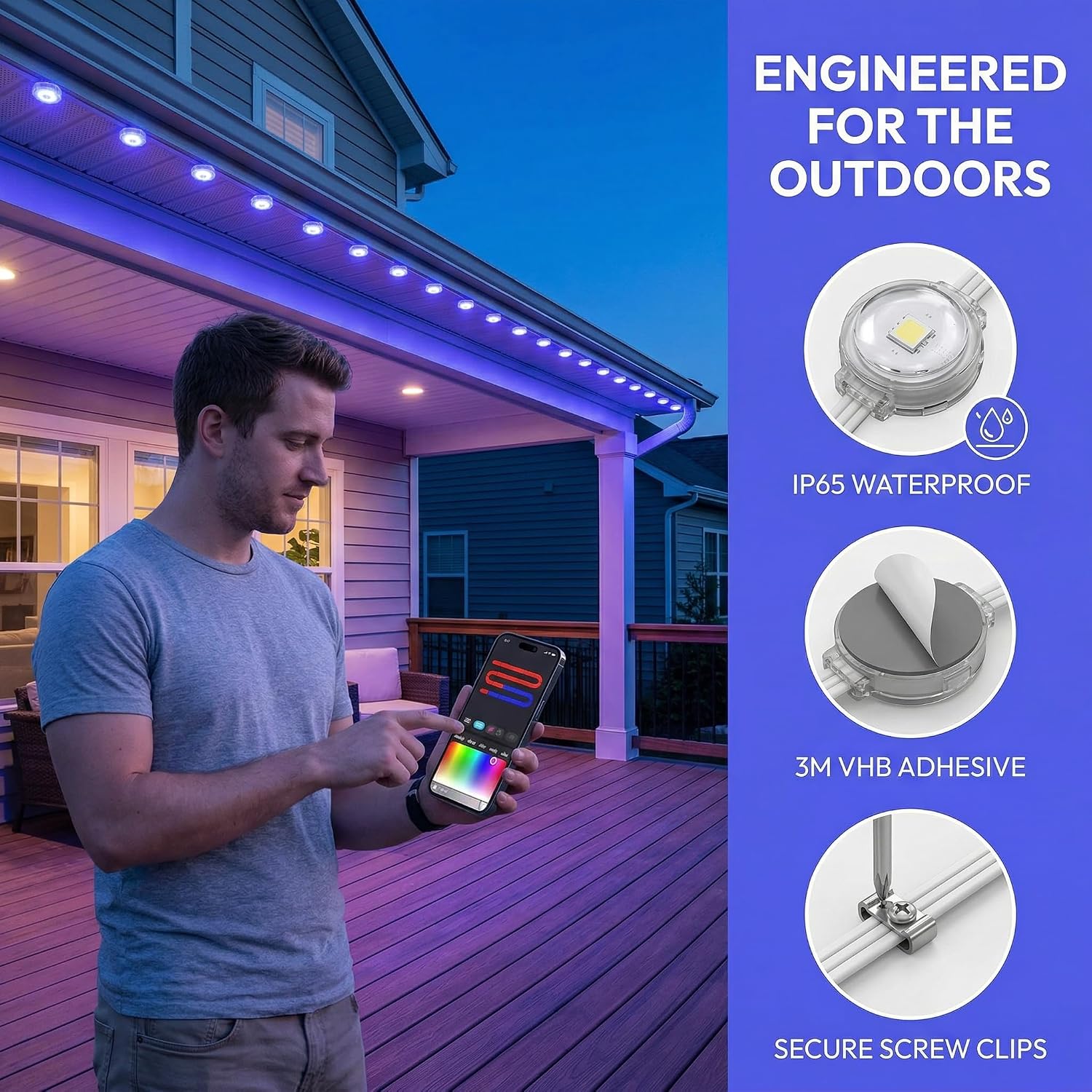 Permanent Outdoor Lights,100ft with 60 RGBIC LED Lights for Daily and Accent Lighting,50 Scene Modes for Outdoor Decor,IP65 Waterproof,Compatible with Alexa,Google Assistant,Tuya,APP