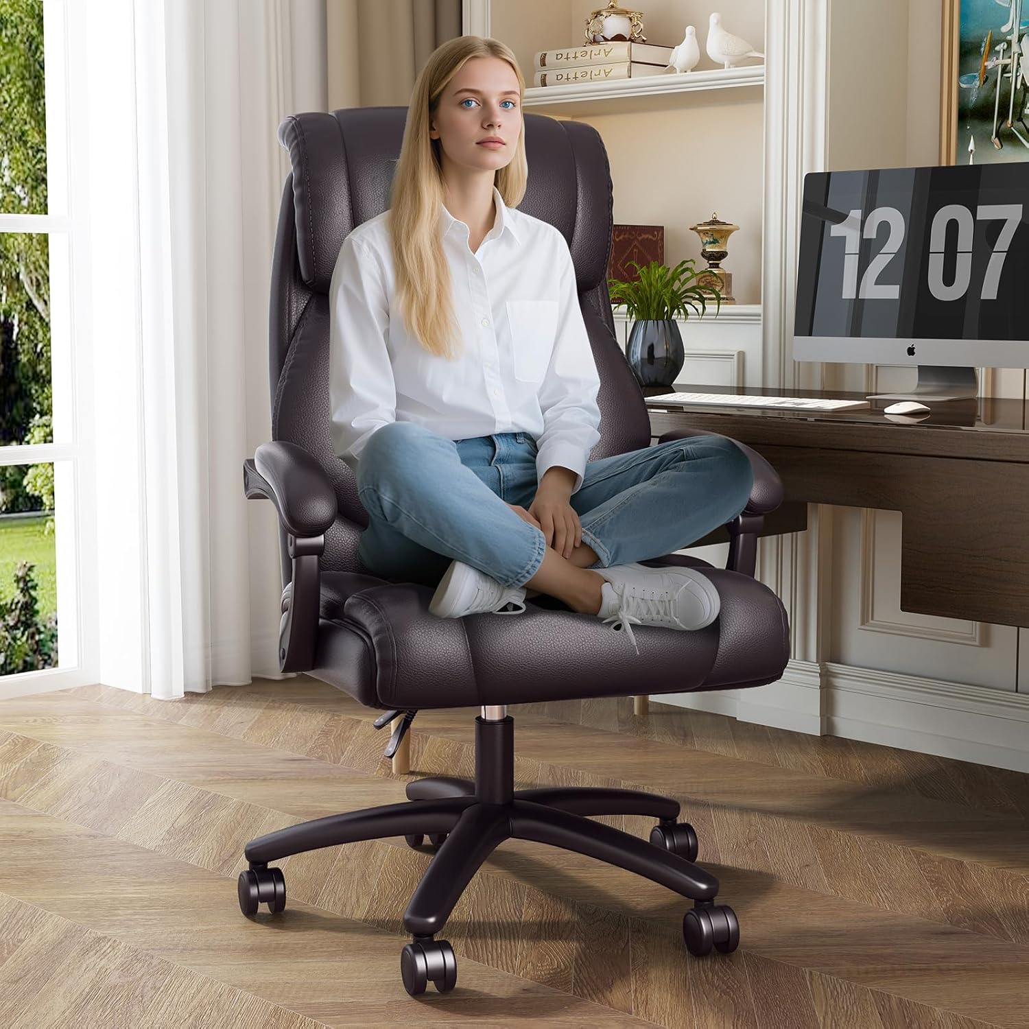Reclining Office Chair with Wide Seat, Executive Big and Tall Leather Desk Chair, High Back Recliner for Computer and Ergonomic Support