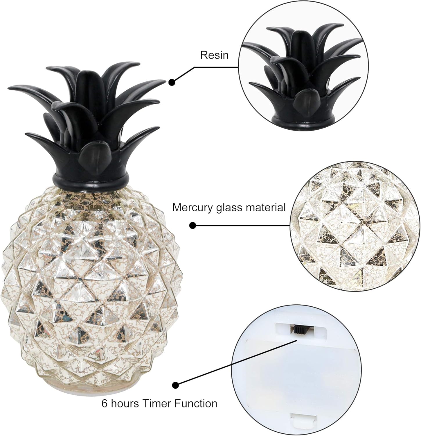Romingo Mercury Glass Pineapple Lamp 9 Inch Batteries Operated Night Light with Timer for Living Bed Room, Women's Gift for Wife Girl Friend Silver