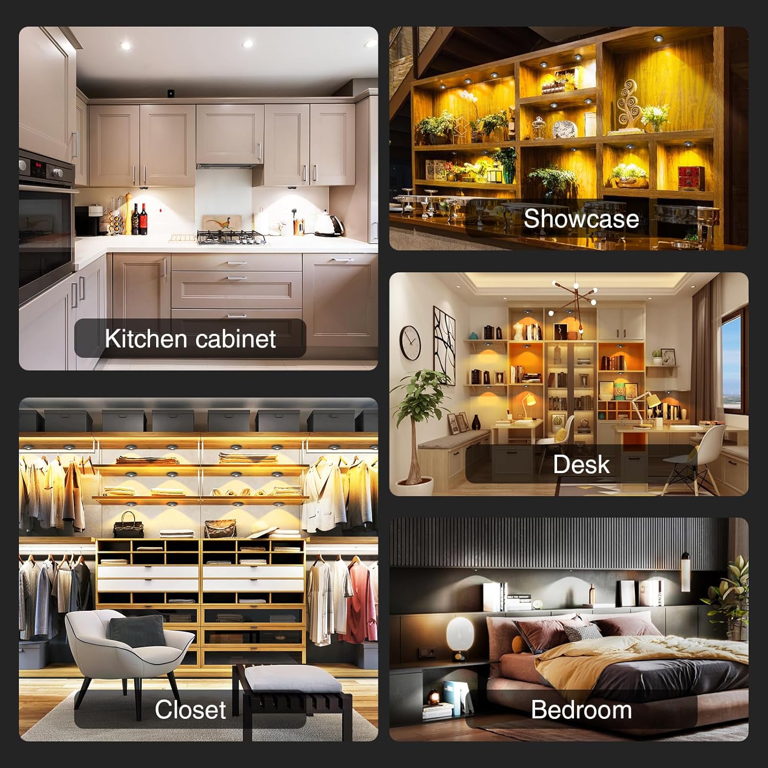 Puck Lights with Remote Control Rechargeable,Wireless Under Cabinet Lighting,2000mAh Battery Operated Tap Push Touch Lights,Stick On Lights for Counter,Shelf,Bookcase (Dark Grey, 3 Pcs)