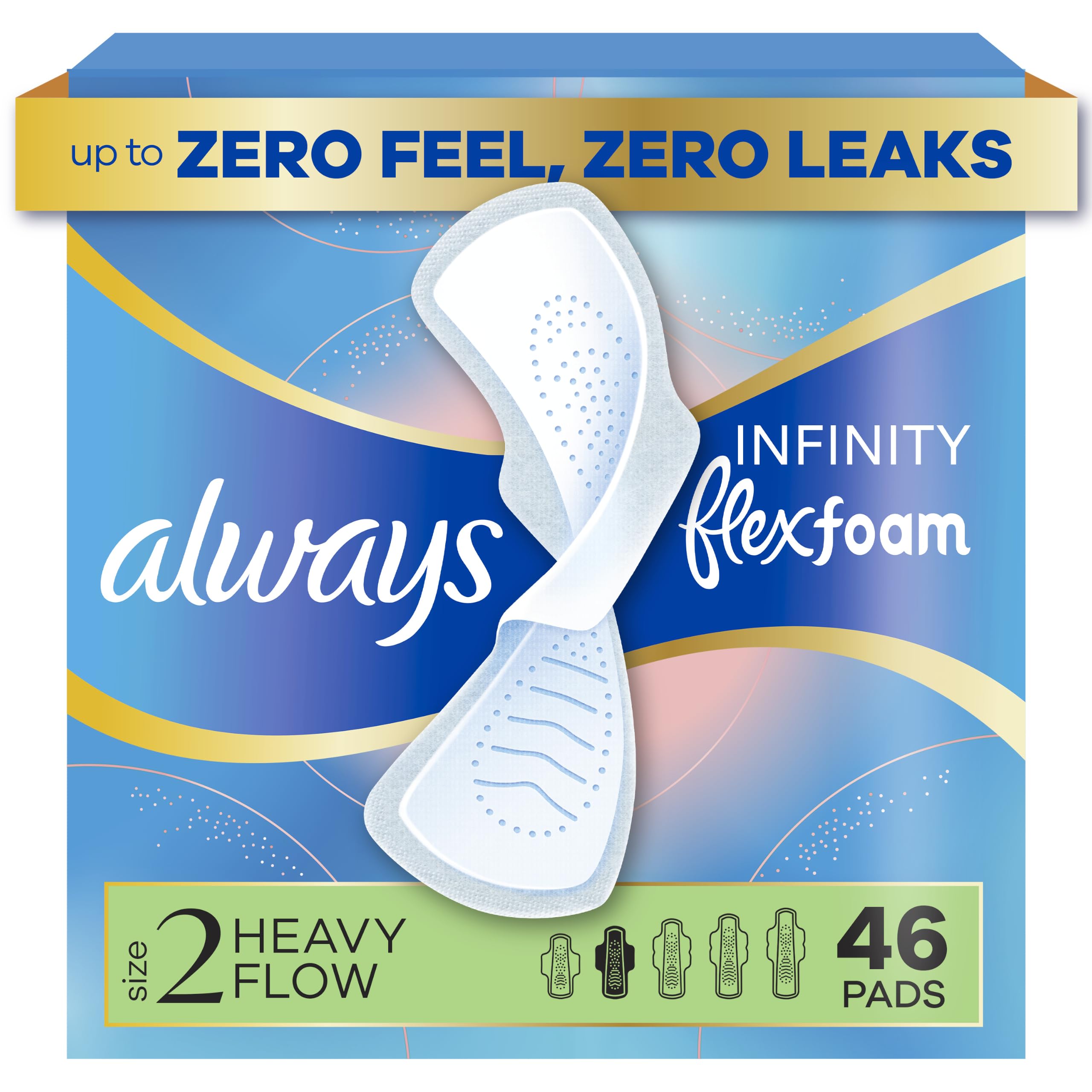 Always Infinity Feminine Pads for Women, Flexfoam Pads with Wings, Size 2, Heavy Absorbency, Unscented, 46 Count