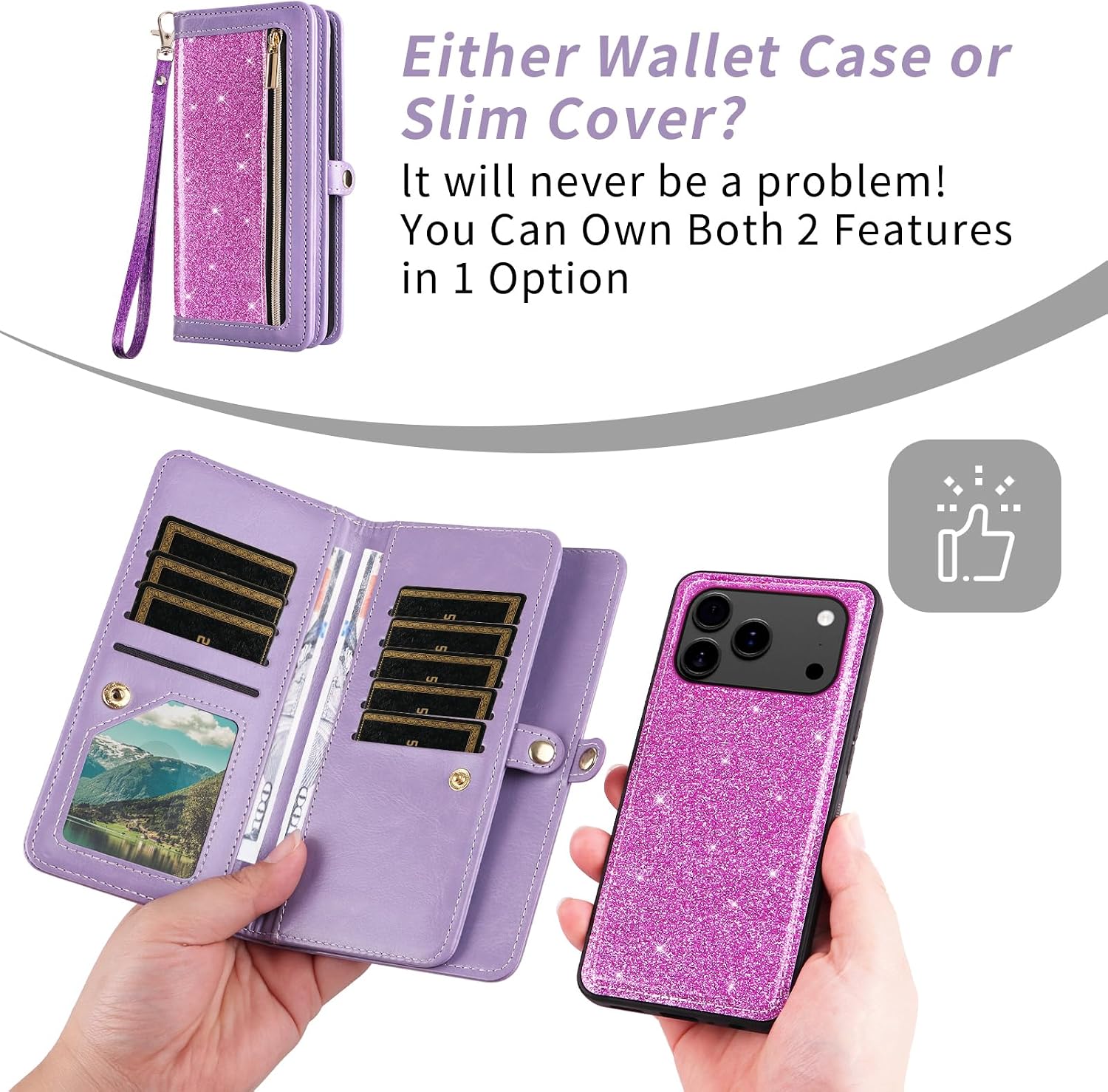 Asuwish Phone Case for iPhone 17 Pro Max 6.9 inch Zipper Wallet Cell Cover with Screen Protector Crossbody Lanyard Strap Bling Glitter Flip Card Holder i Phone17 17Pro i17 ProMax 17ProMax Women Purple