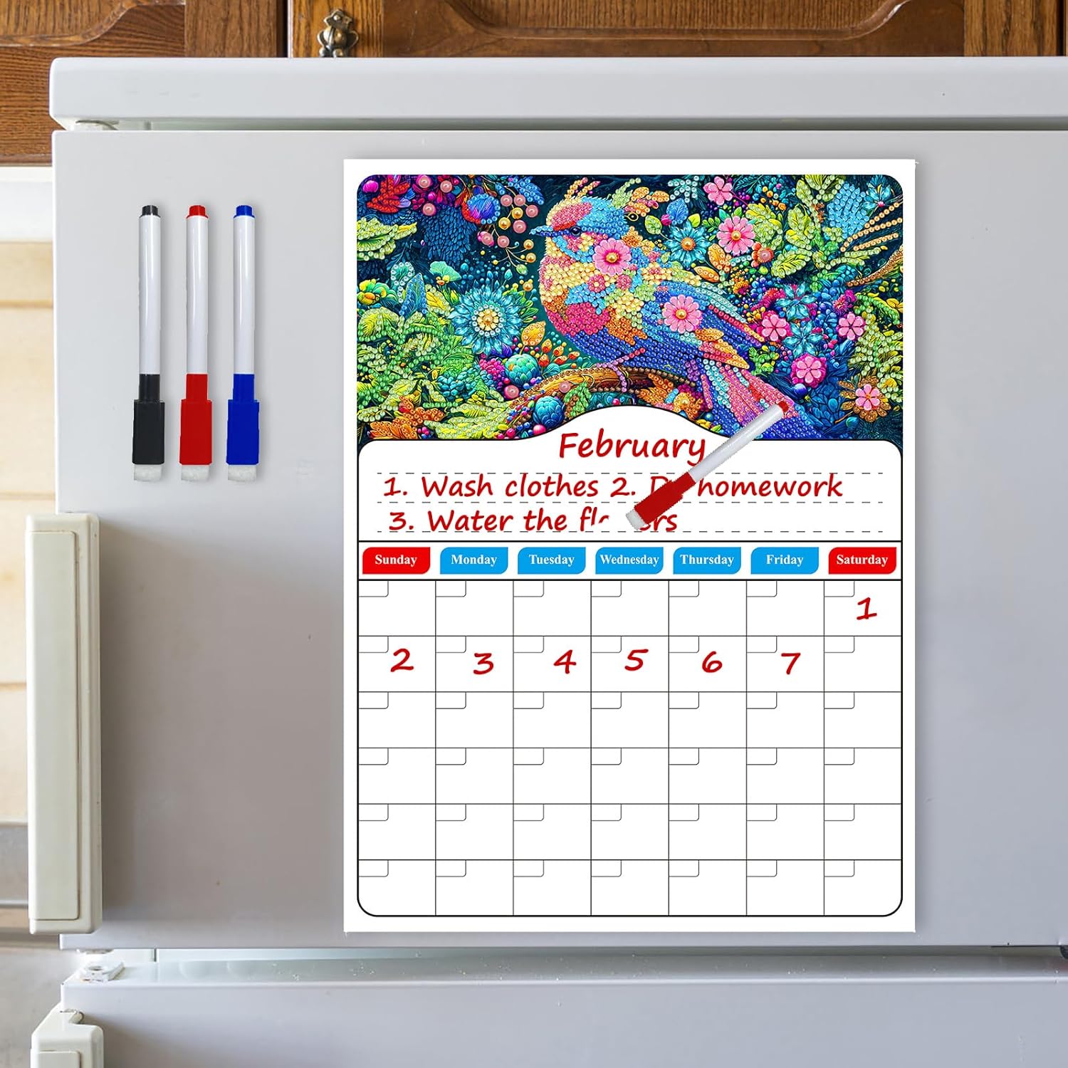 BAYUNOE 2Pcs Diamond Art Painting Refrigerator Magnet Calendar with 3Pcs Erasable Pens Handwritten Monthly Planner Dry Erase Calendar Whiteboard Calendar Refrigerator 11.6x15.7in-01