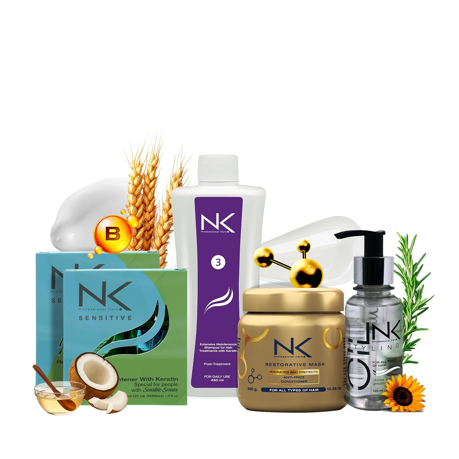 NK Sensitive Keratin Hair Straightening Treatment, Vegan, Formaldehyde Free. Kit Steps 1,2,3,4,5. Sensitive straightening treatment, home care shampoo, Hair Mask and Styling Oil. (8oz)