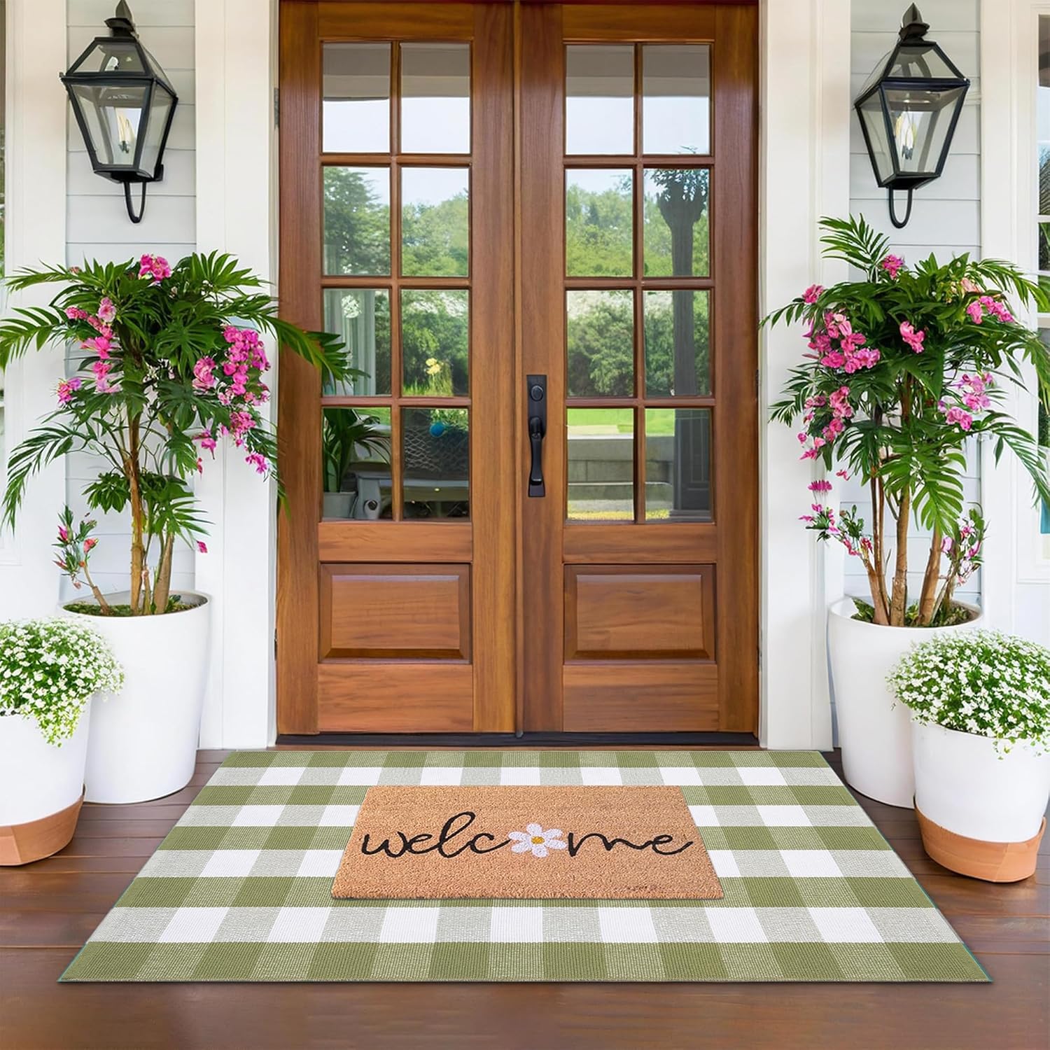 Spring Welcome Door Mats Combo Set, 100% Coco Coir Doormat with Welcome & Flower + 3'x 5' Green and White Plaid Rug, Front Porch Entryway Decor Indoor Outdoor Floor Mats