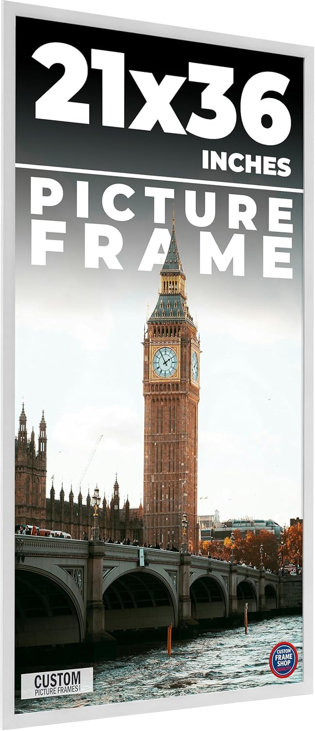 21x36 Frame White Real Wood Picture Frame Width 0.75 Inches | Interior Frame Depth 0.5 Inches | Bianca Mid Century Photo Frame Complete with UV Acrylic, Foam Board Backing & Hanging Hardware