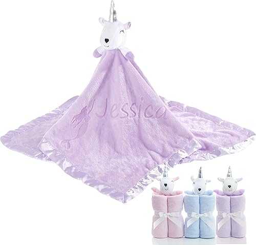Manta de bebé personalizada con ribete satinado personalizado de unicornio de forro polar, regalo infantil, 39 x 39 pulgadas (morado)