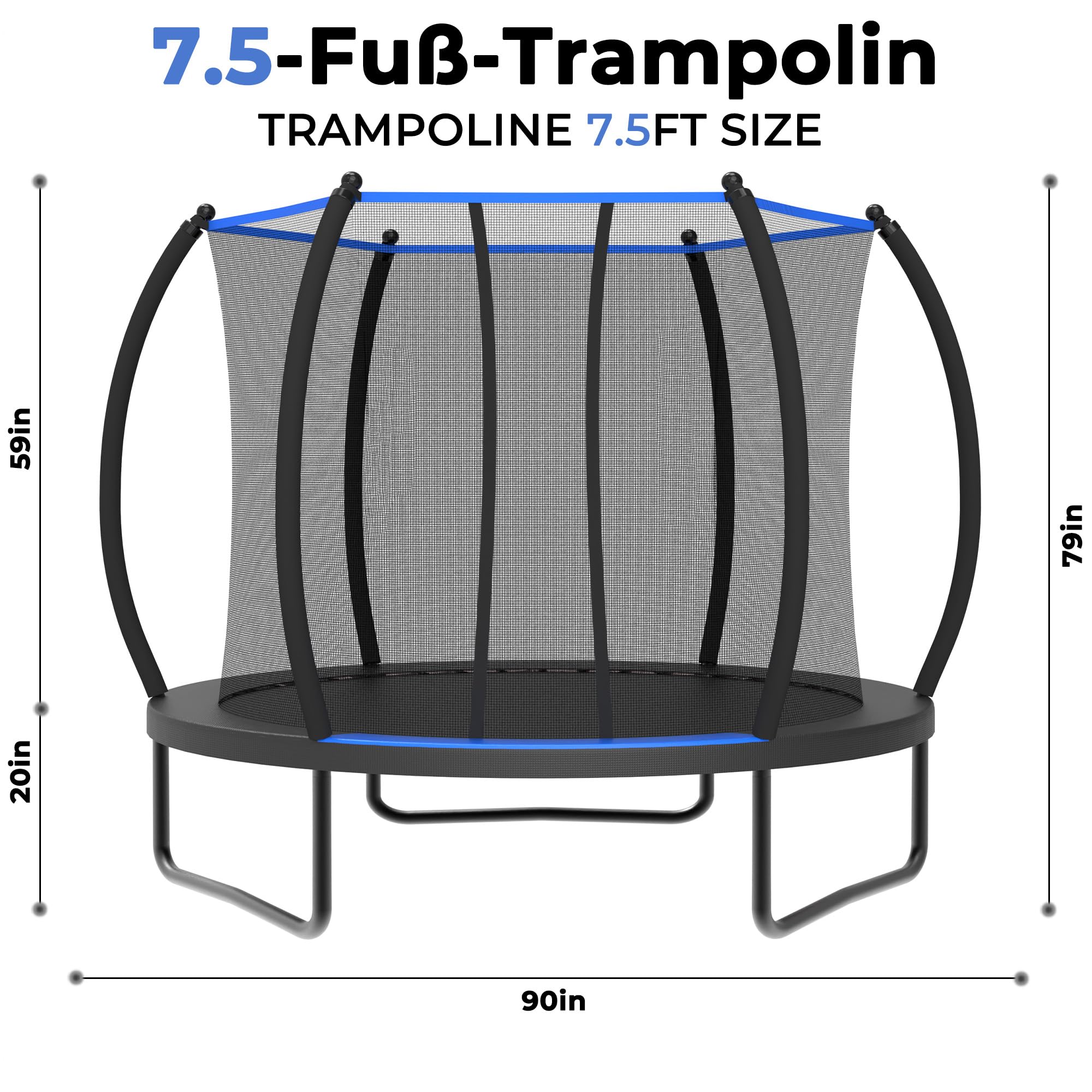 Trampolino da giardino con rete di sicurezza per bambini, per esterni, 228 cm, testato EN71 ASTM, stabile, resistente alle intemperie, nero e blu, con scala