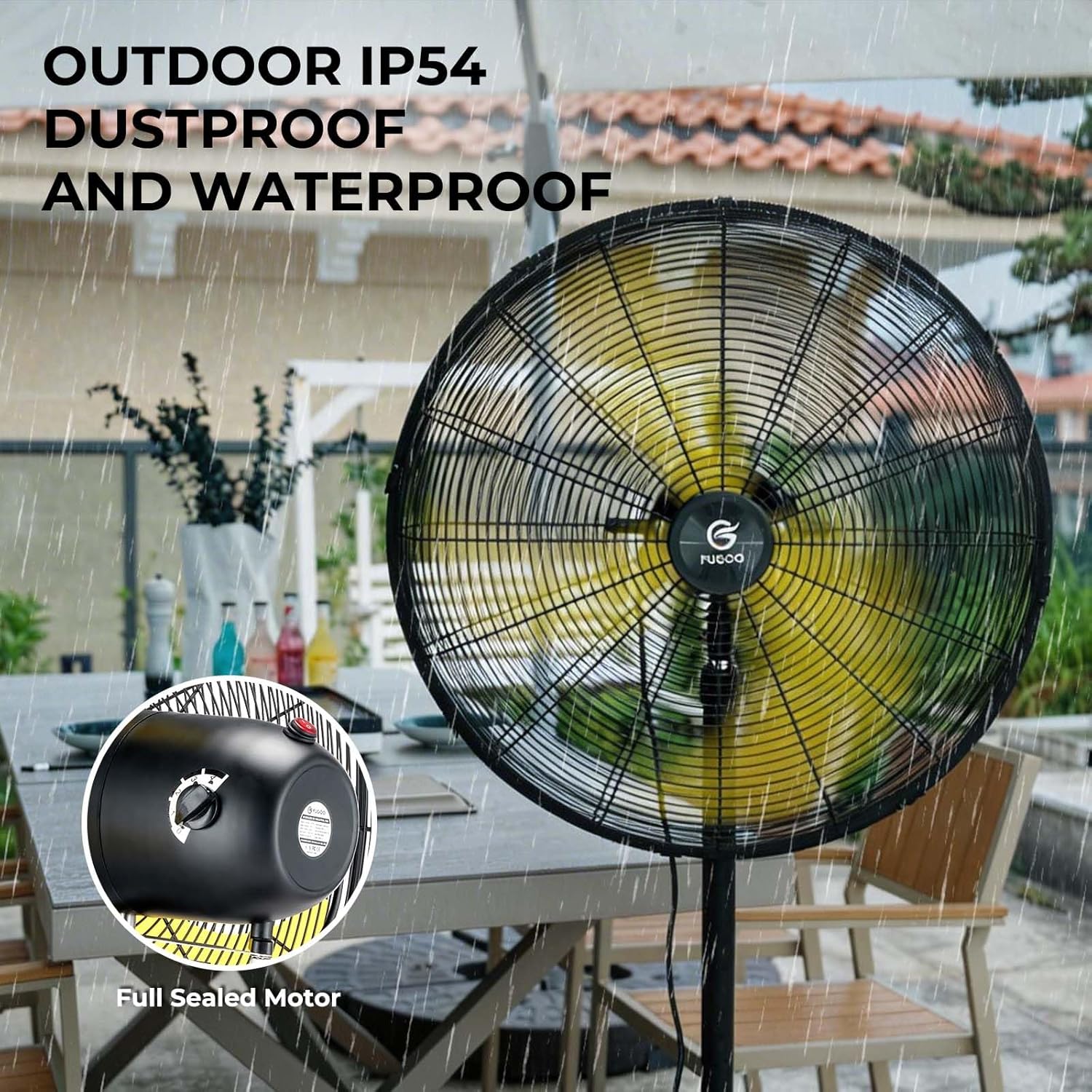 FUGOO 24" Whisper-Quiet Industrial Pedestal Fan - Brushless DC Motor, 5000 CFM Waterproof Heavy Duty Outdoor Fan, Energy Efficient for Garage, Warehouse, Patio, Commercial