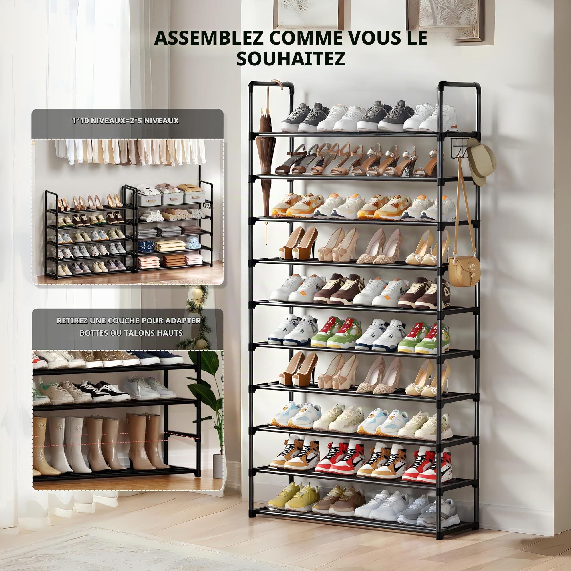 SPUSEN Étagère à chaussures en métal, 10 niveaux avec crochets, convient pour 40 à 45 paires de chaussures, étagère à chaussures haute en métal pour placard, entrée, garage, chambre, vestiaire