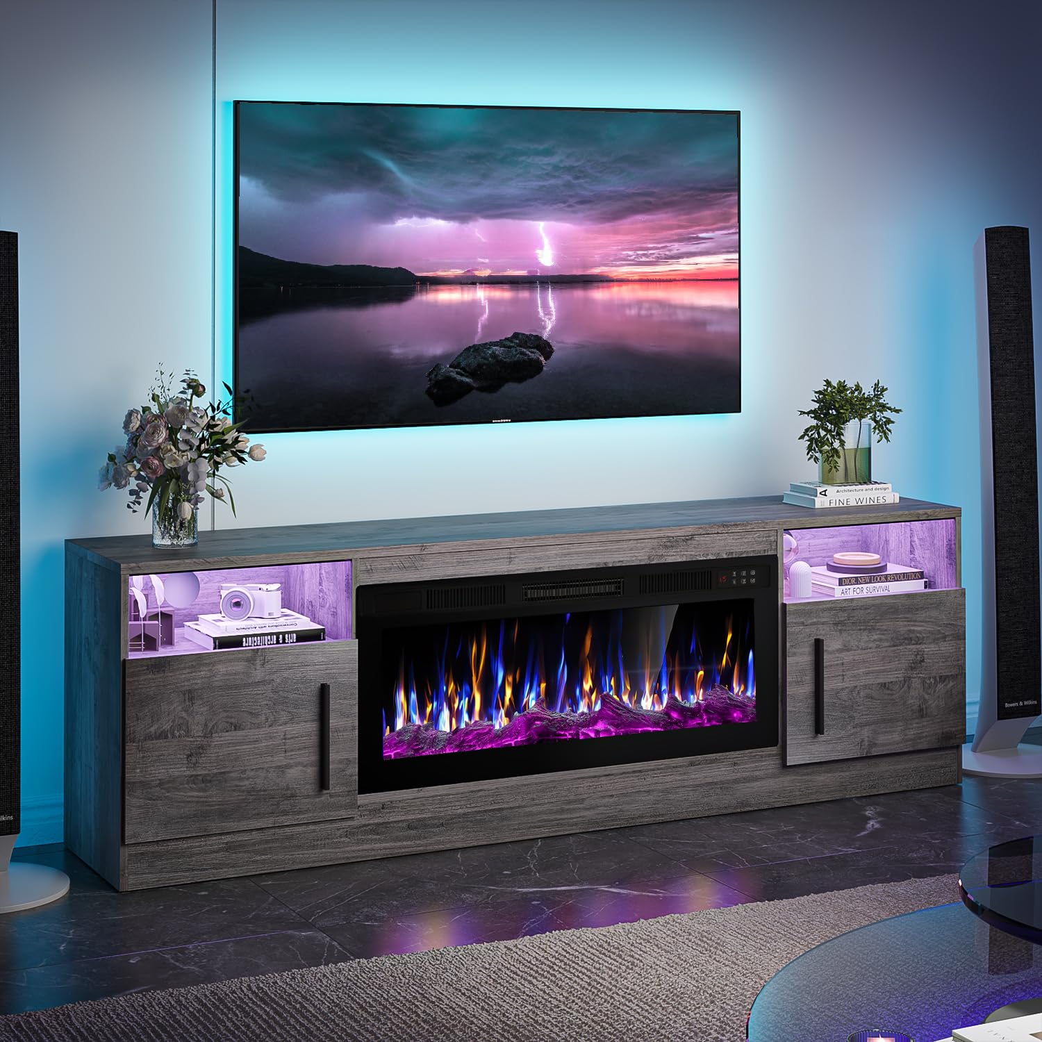 VITESSE TV Stand with 36" inch Electric Fireplace Up to 80" TVs, LED Light Entertainment Center, 70" Modern Wood High Gloss Fireplace with Highlight
