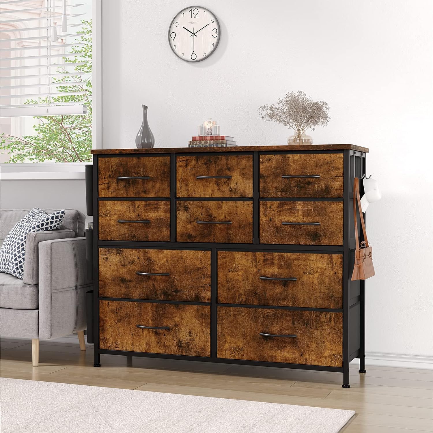 Jojoka Dresser for Bedroom, 10 Drawers Fabric Storage Drawer, Dressers & Chest of Drawers with Side Pockets, Hooks, Wood Tabletop for Closet, Living Room, Hallway (Brown)