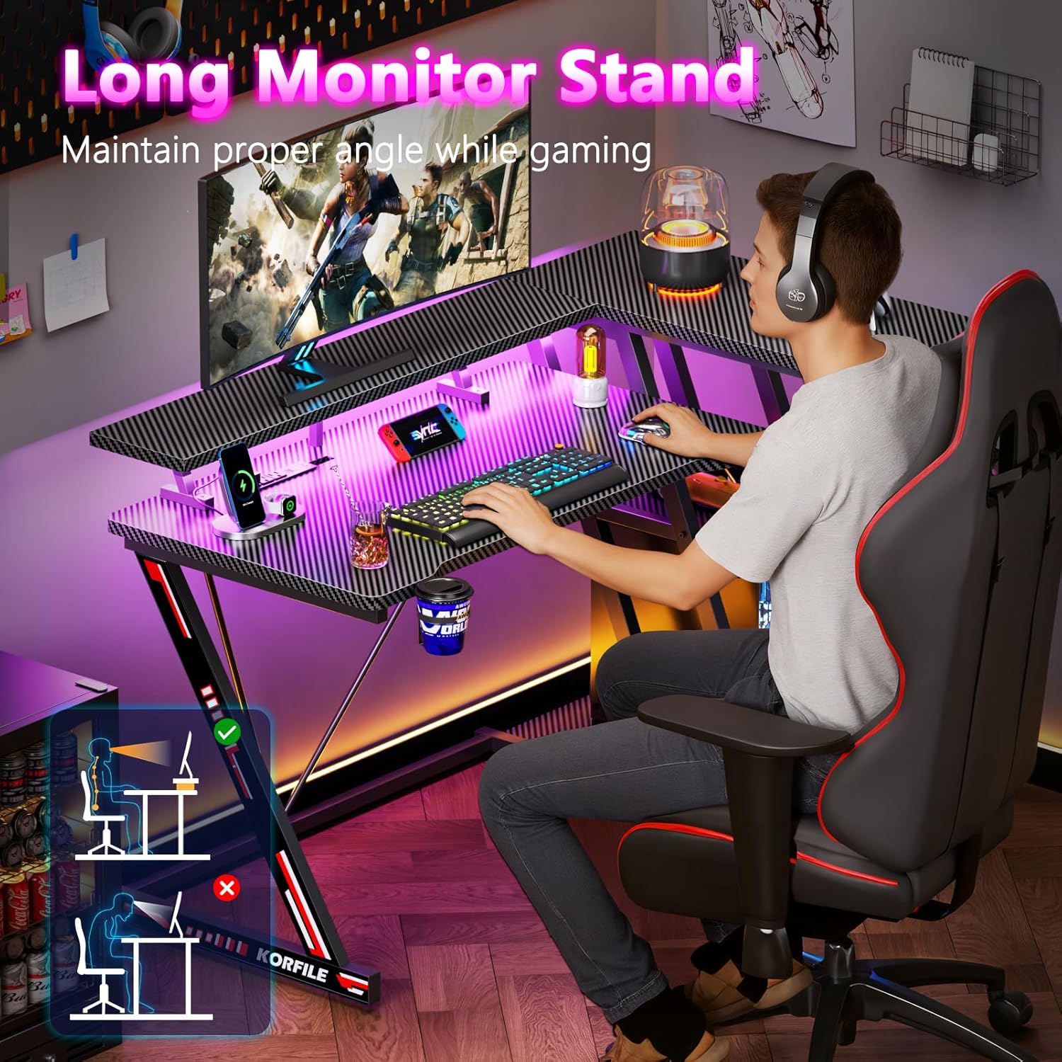 Compact L-Shaped Gaming Desk with Power Outlet, LED Lights, and Storage for Ultimate Gaming Setup