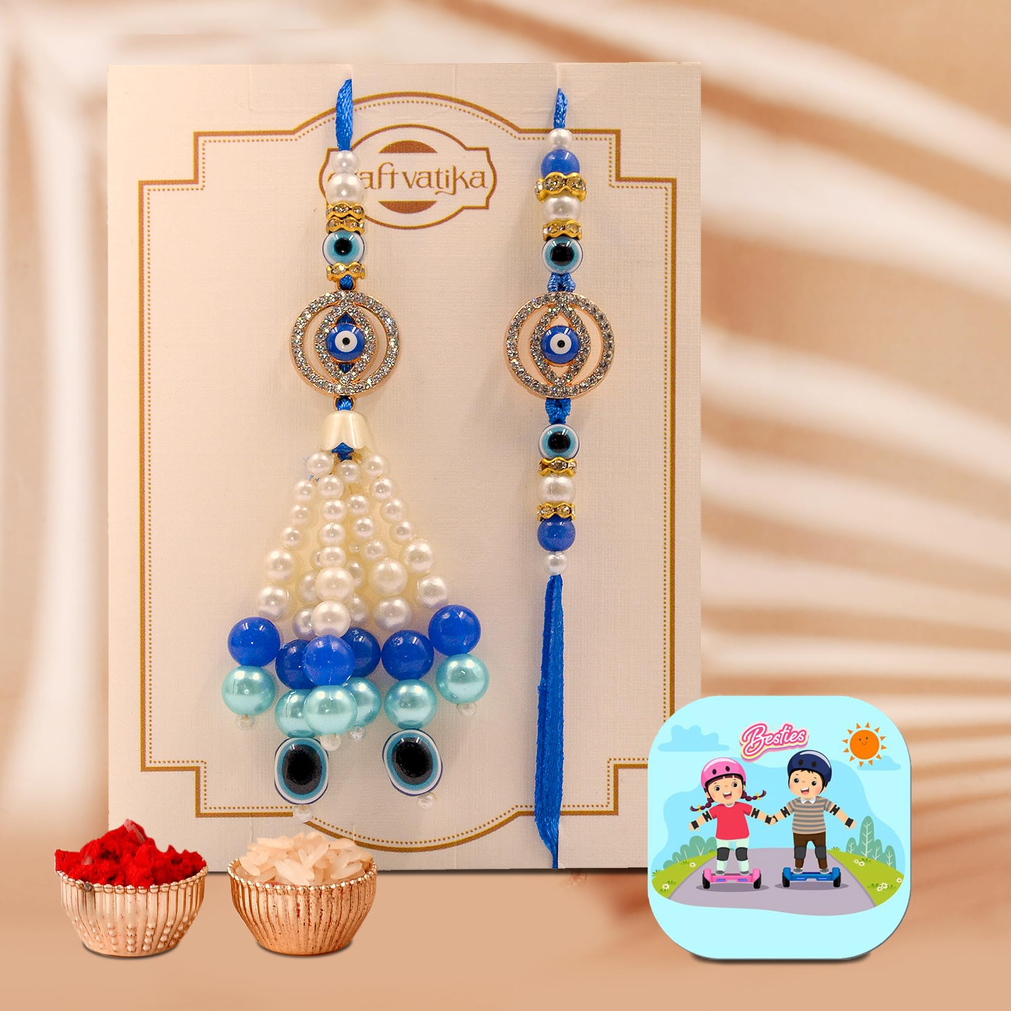 CraftVatika Evil Eye Rakhi Fridge Magnet Gift Combo Set for Brother Bhabhi | Bhaiya Bhabhi Evil Eye Rakhi Set of 1 with Best Wishes Card | Couple Pair | Multicolor Thread for Bhai-picture-37