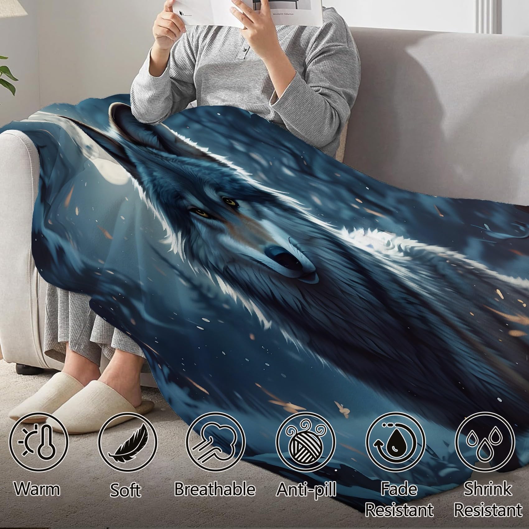 Generisch Puszysty koc do wtulania się w niebieski wilk 220 x 240 cm, miękki i dwustronny koc polarowy, idealny koc na sofę dla wszystkich, przytulny koc na sofę i łóżko SF396