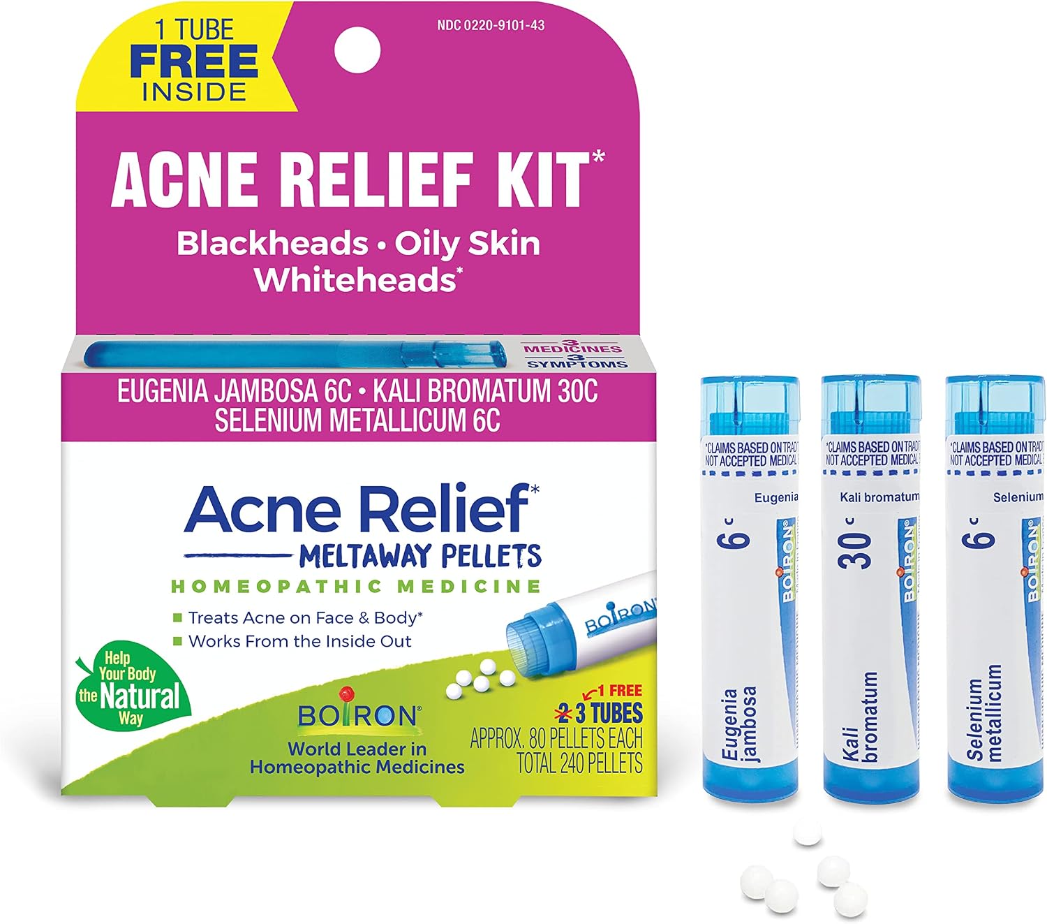 Boiron Acne Relief Kit for Blackheads, Oily Skins, Whiteheads on The Face and Body - 3 Count (240 Pellets)
