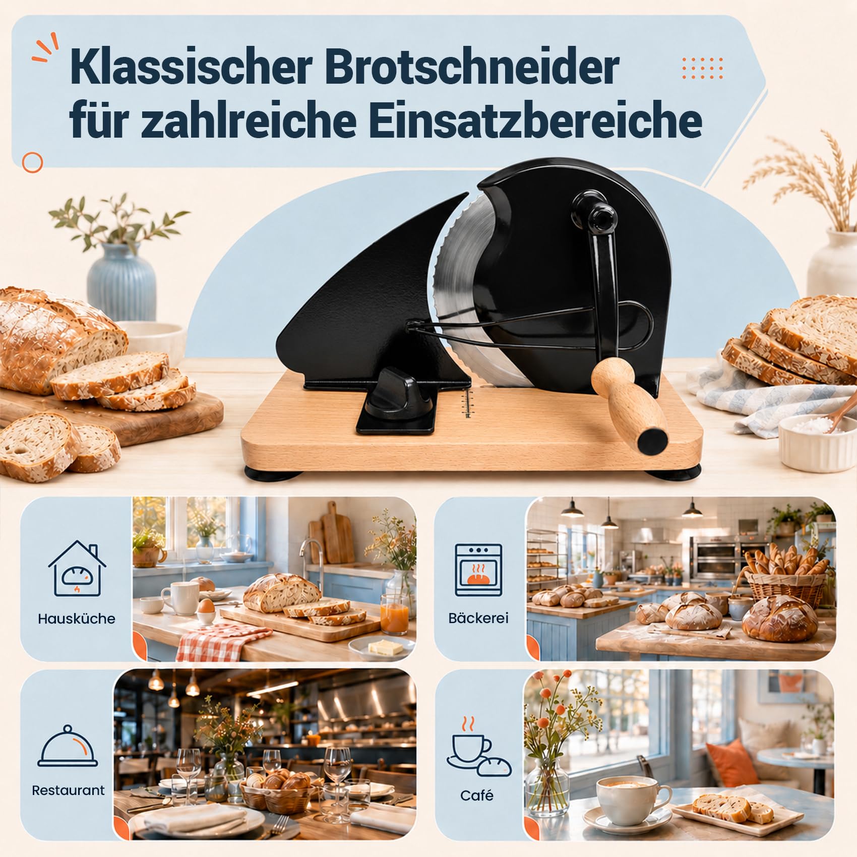 Brotschneidemaschine Manuelle mit Handkurbel | 0–20 mm einstellbare Scheibendicke | Edelstahlklinge mit Wellenschliff | rutschfeste Saugnäpfe | Für Sauerteig, Roggen, Toast & Baguette
