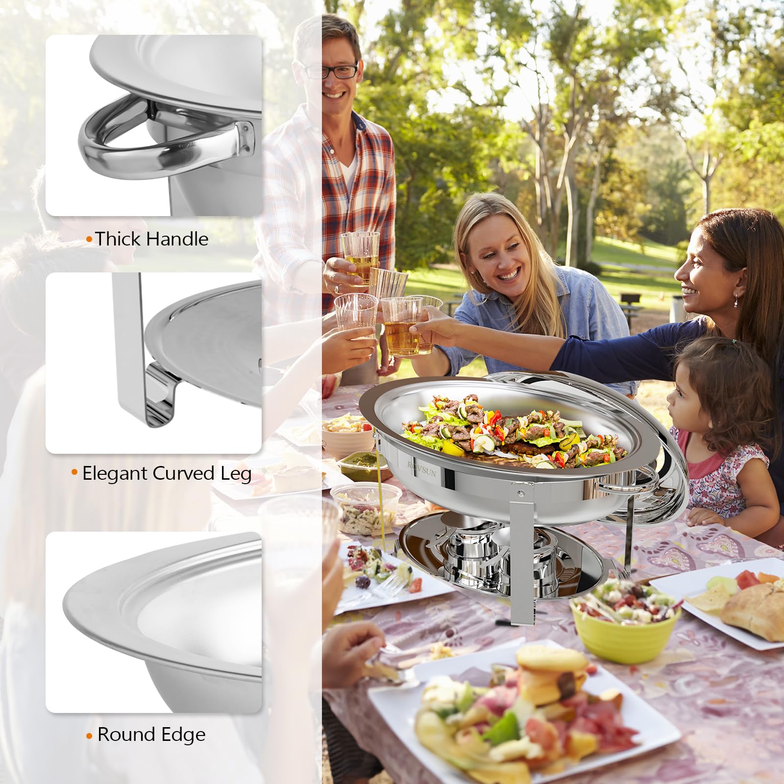 ROVSUN Juego de 2 platos ovalados para buffet, juego de platos de acero inoxidable de 6 cuartos de galón con tapa de cristal, chafers y calentadores de buffet para fiestas, catering, bodas, banquetes,